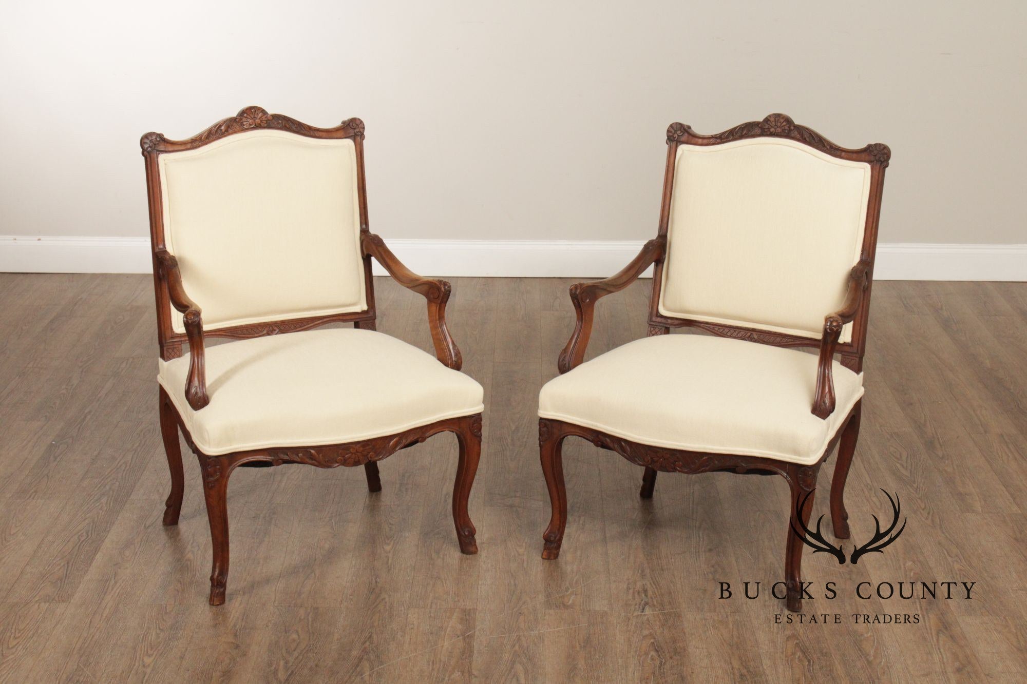 Antique French Louis XV Style Pair of Carved Walnut Fauteuil Armchairs