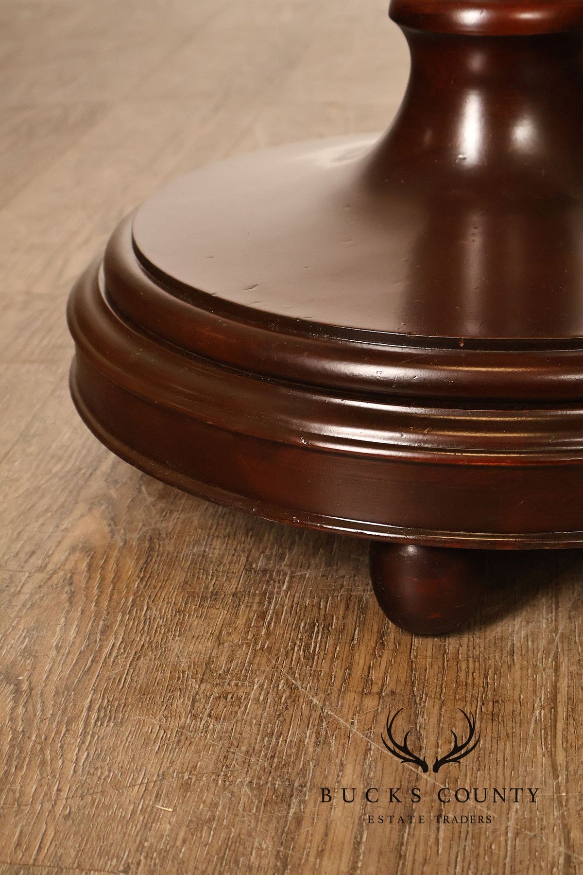 Carved Mahogany Pair Of Round Pedestal End Tables With A Drawer