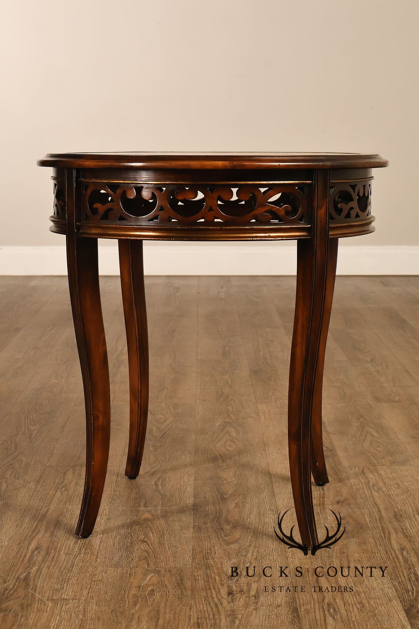 John Richard 'European Crossroads' Pair of Round Leather Top Lamp Tables