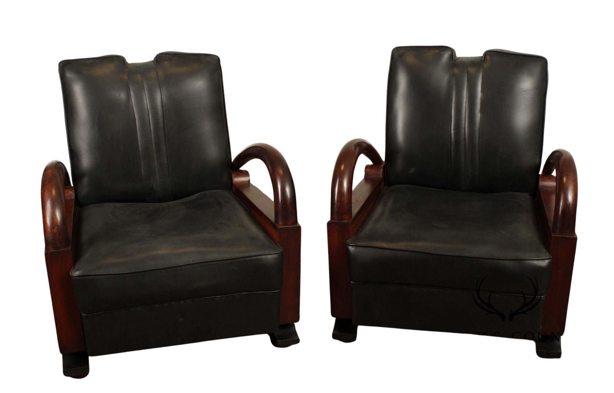 Art Deco Pair Of Streamline Moderne Rosewood And Black Leather Lounge Chairs