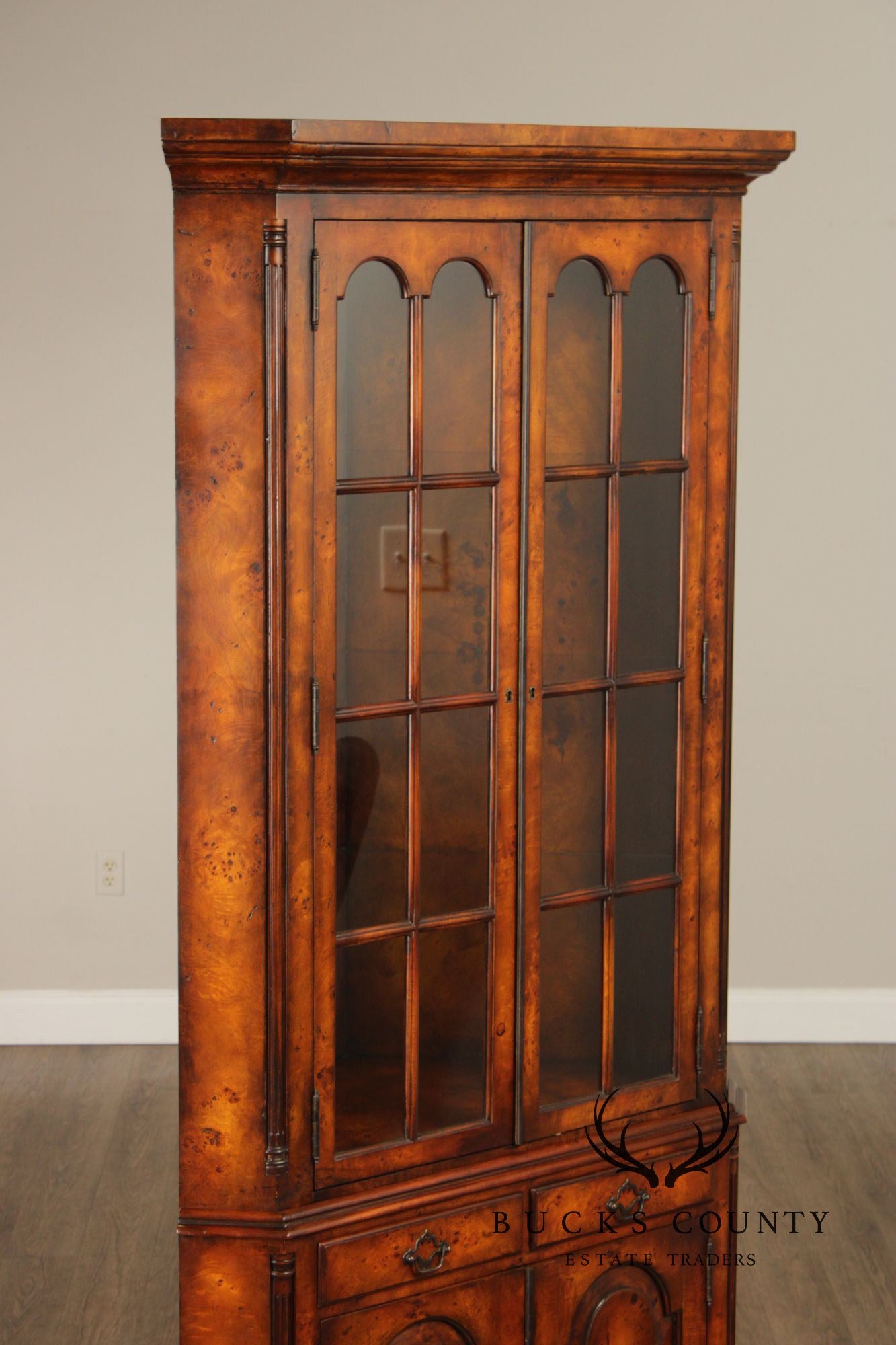 Theodore Alexander Georgian Style Burlwood Corner Cabinet