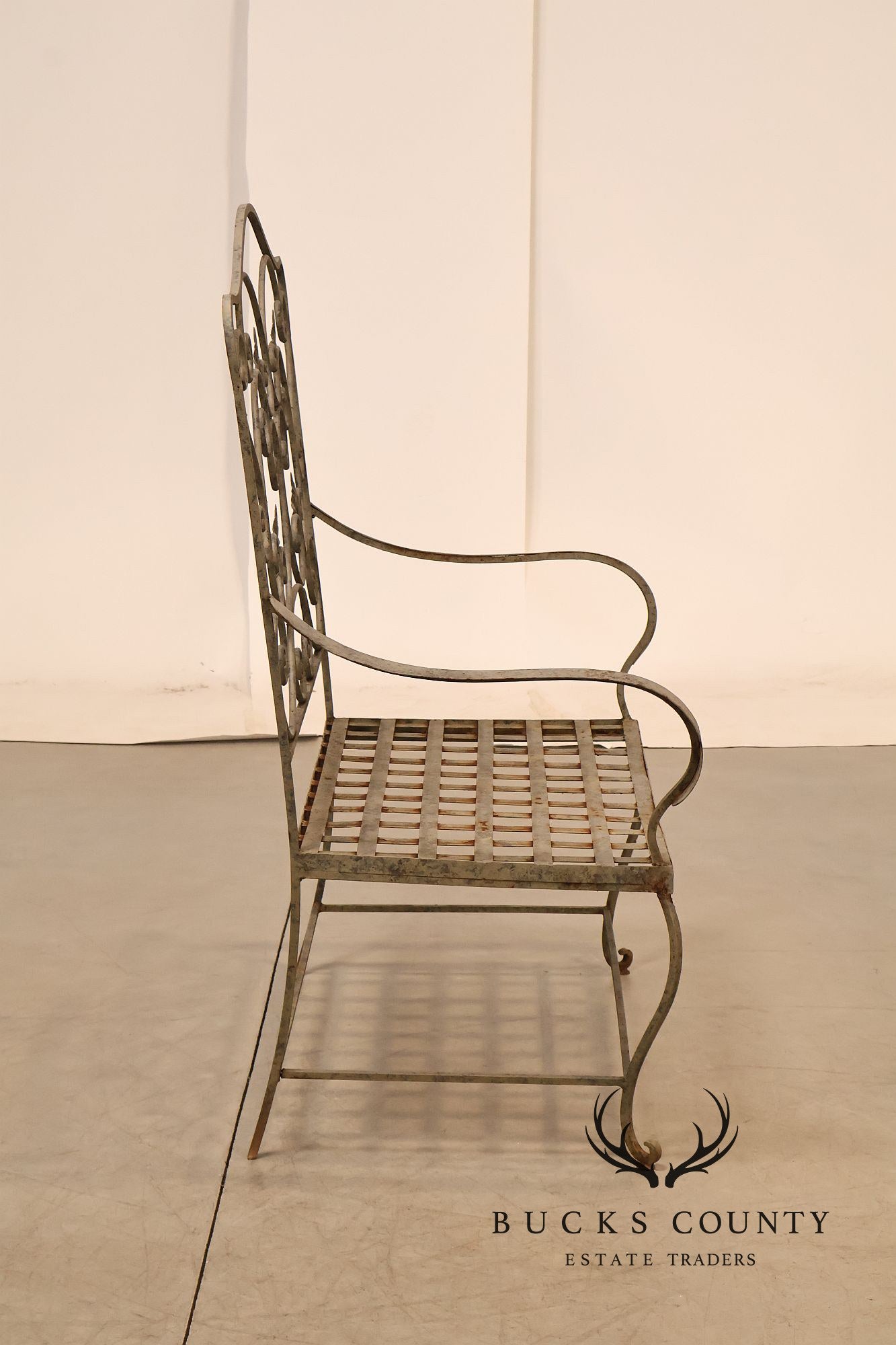Vintage Wrought Iron Garden Bench With Scrollwork Back