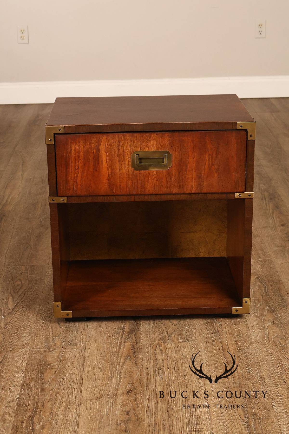 Lane Mid Century Modern Pair Of Walnut Campaign Style Nightstands