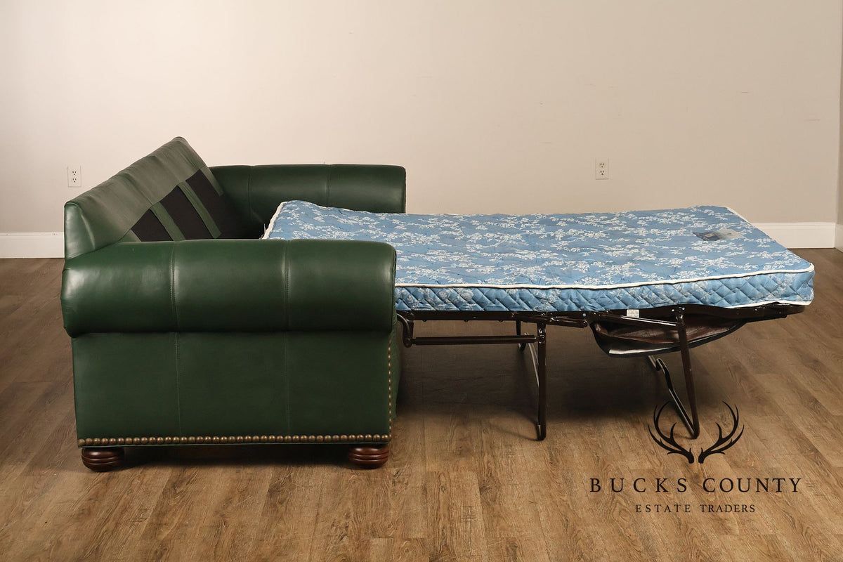 Green Leather Sleeper Sofa with Nailhead Trim