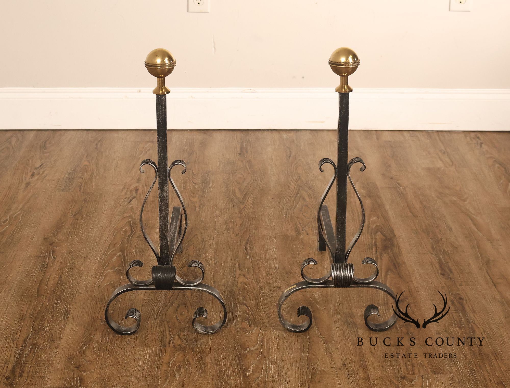 Pair of Italian Wrought Iron And Brass Fireplace Andirons