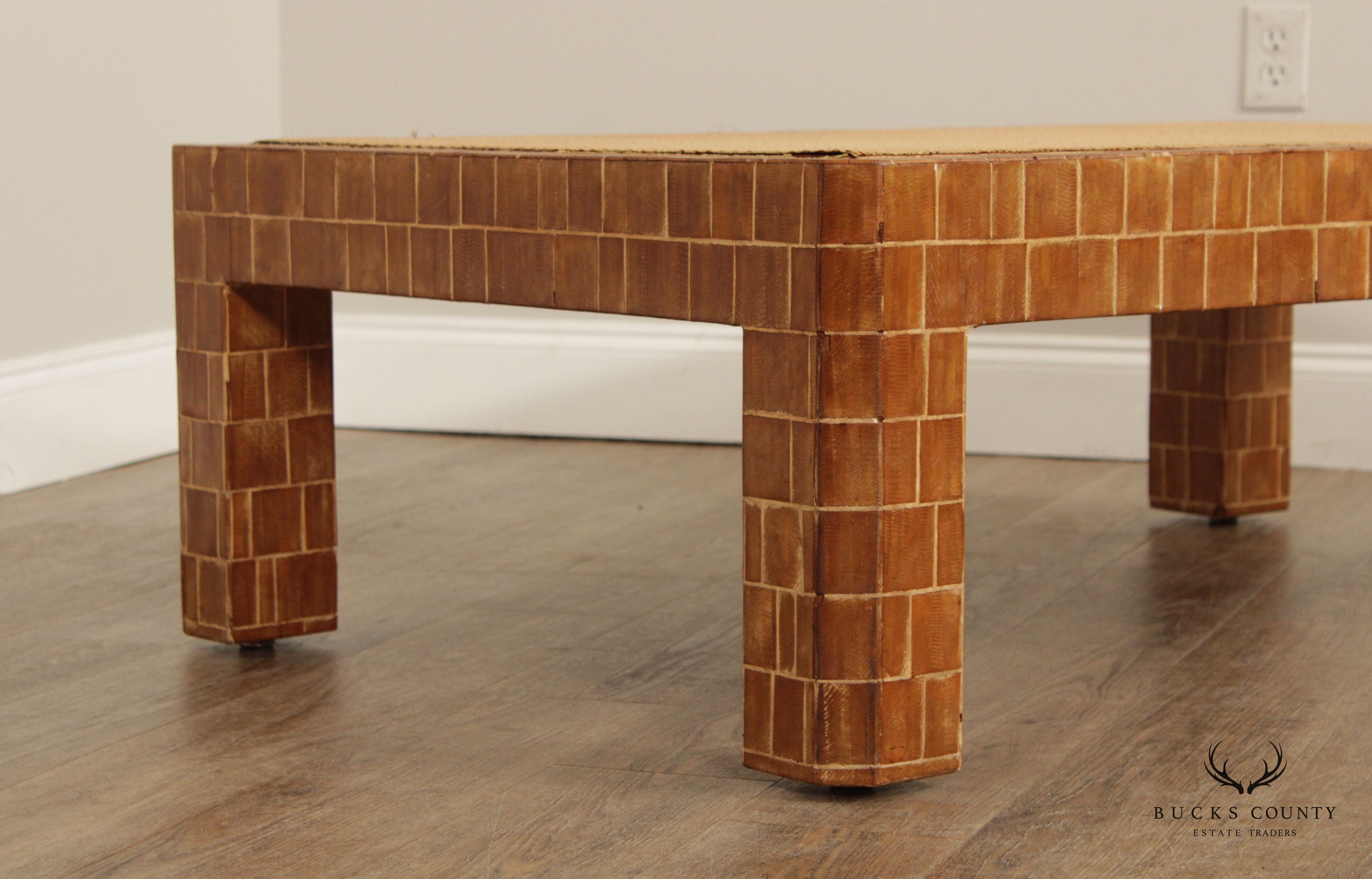Mid Century Modern Wooden Block Carved Tile Parsons Coffee Table with Wicker Top