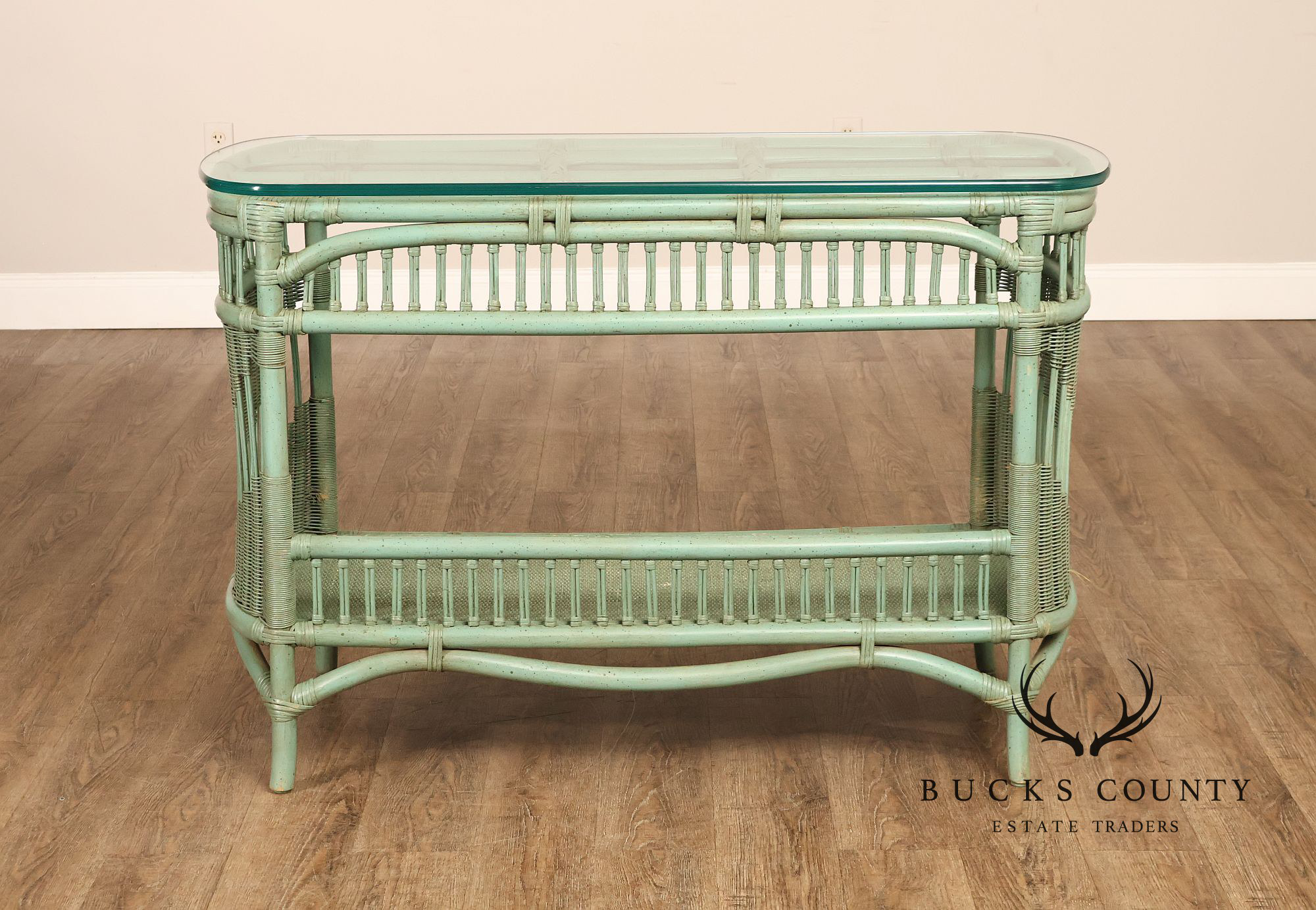 Boho Chic Glass Top Painted Rattan Glass Top Console Table
