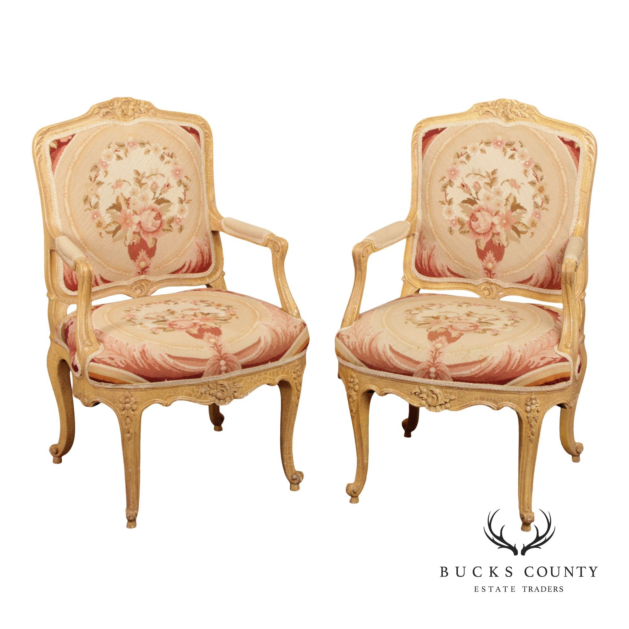 French Louis XV Style Pair Of Painted Fauteuil Armchairs