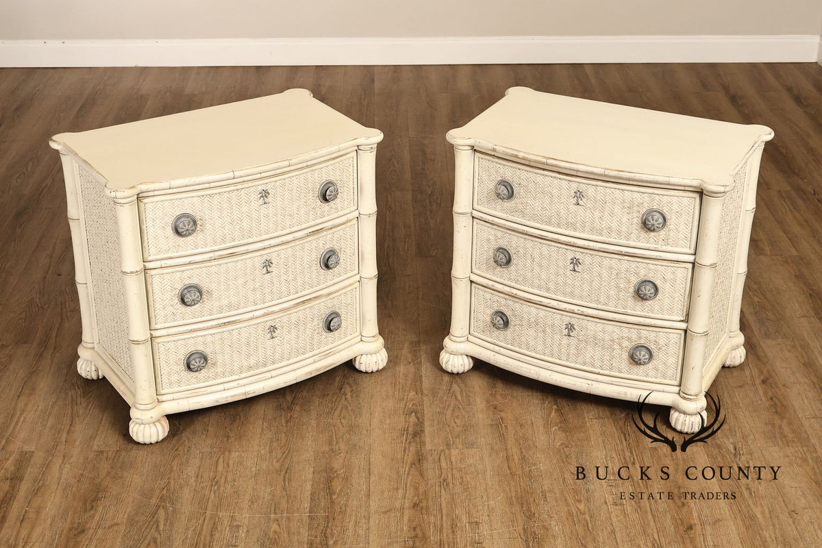 Pair Of Tommy Bahama By Lexington Painted Woven Rattan Three Drawer Nightstands