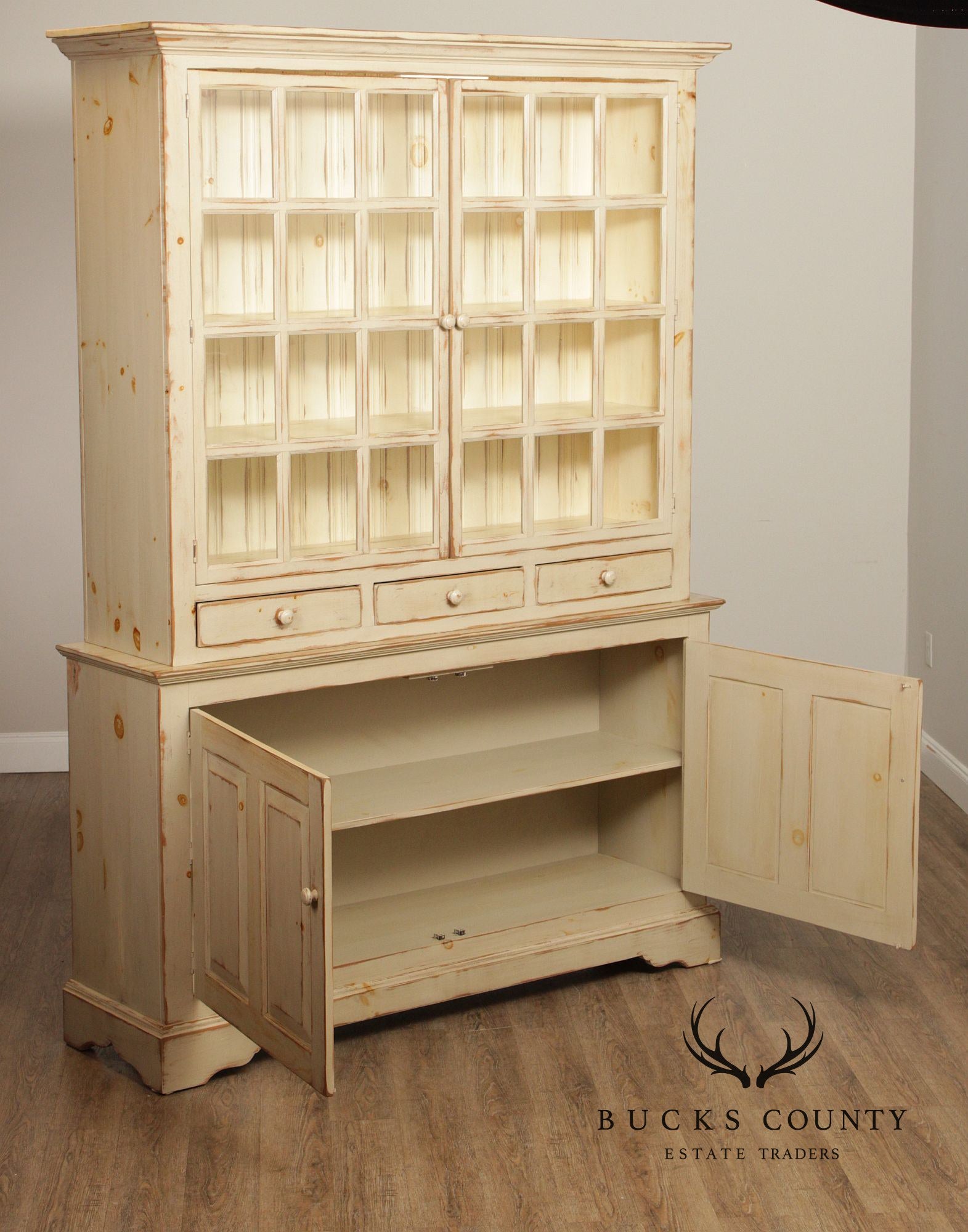 Farmhouse Distress Painted Large Step-Back Cupboard