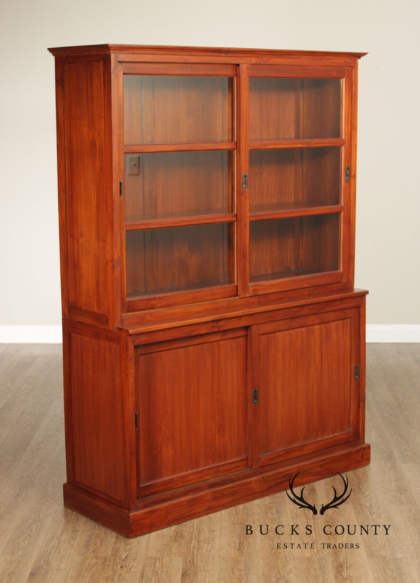 Rustic Hardwood Sliding Door Bookcase Cabinet