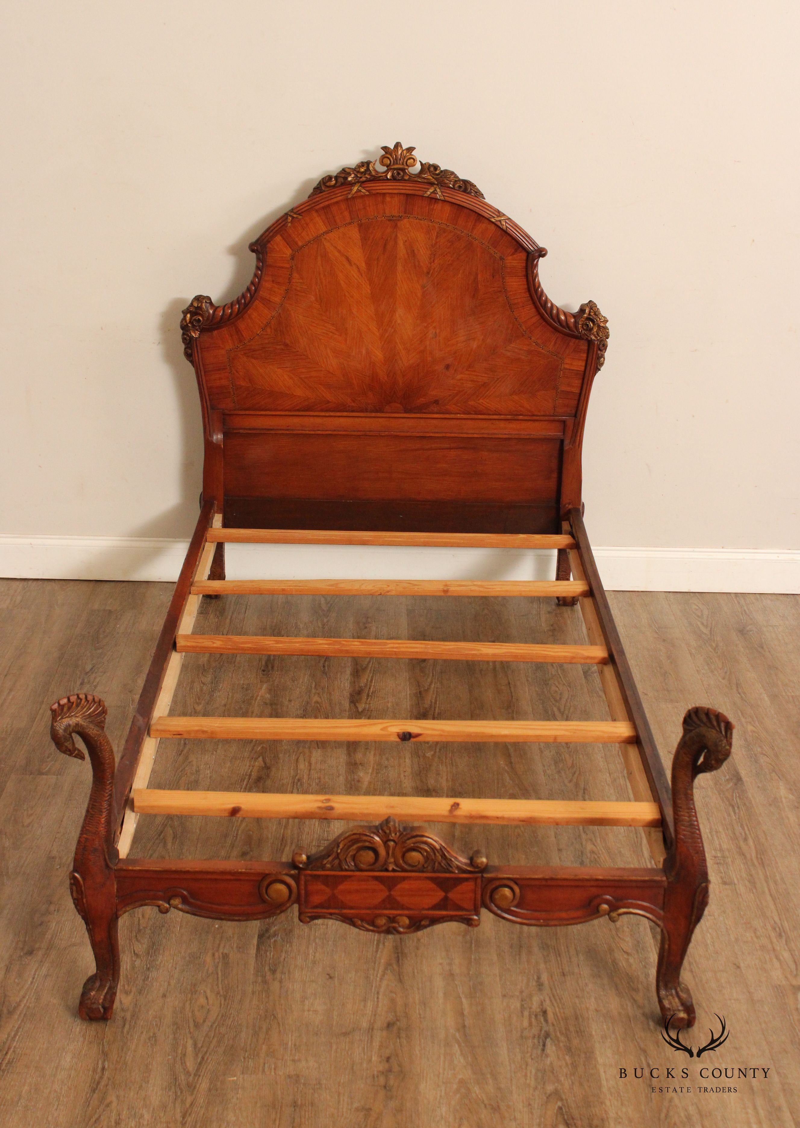 Antique French Rococo Style Peacock Carved Twin Size Bed Frame