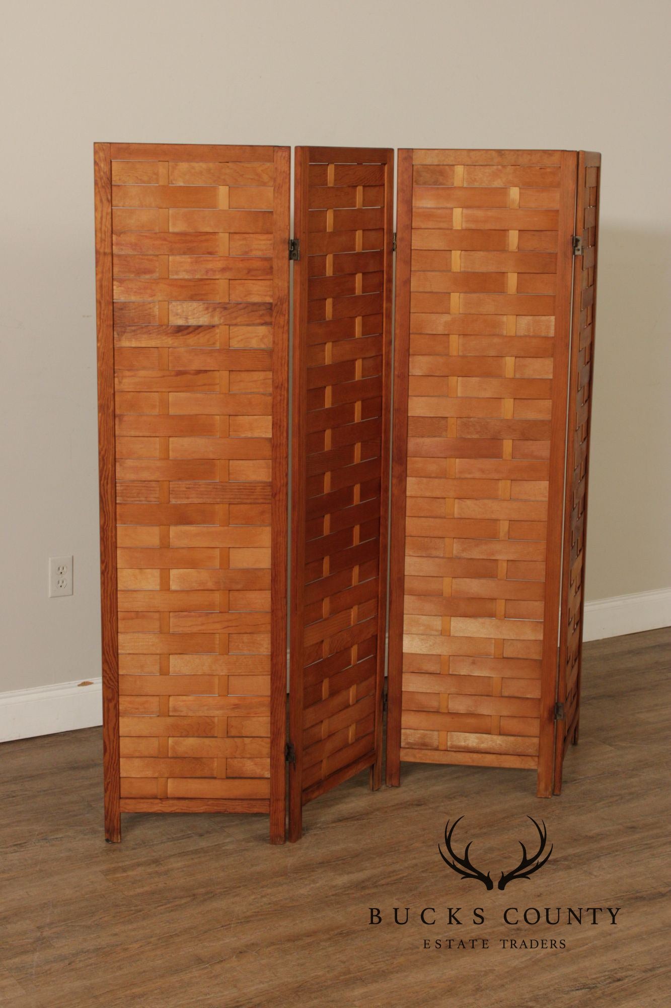 Mid Century Modern Woven Wood Four-Panel Screen