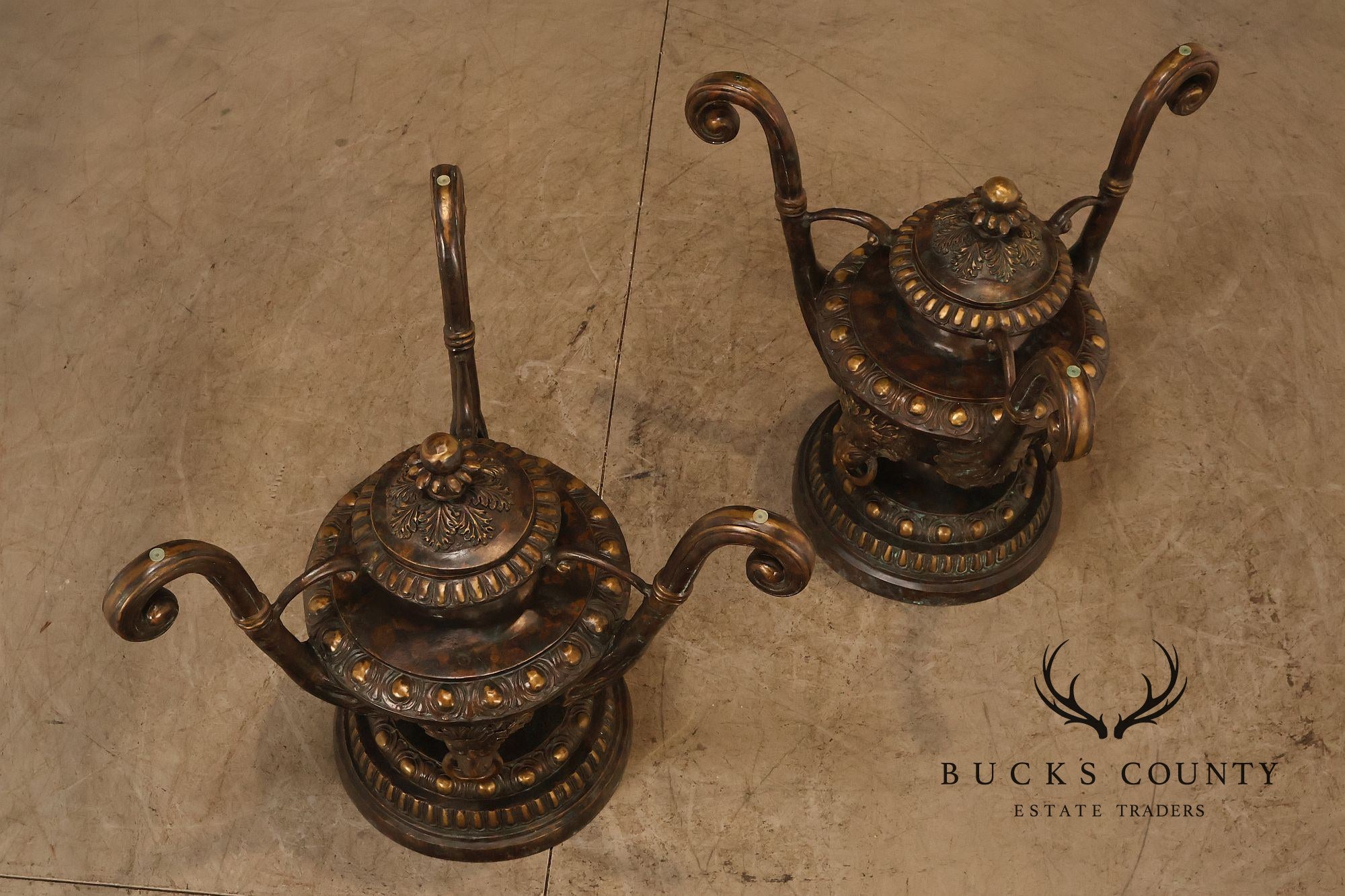 Monumental Brass Urn Form Double Pedestal Glass Top Dining Table
