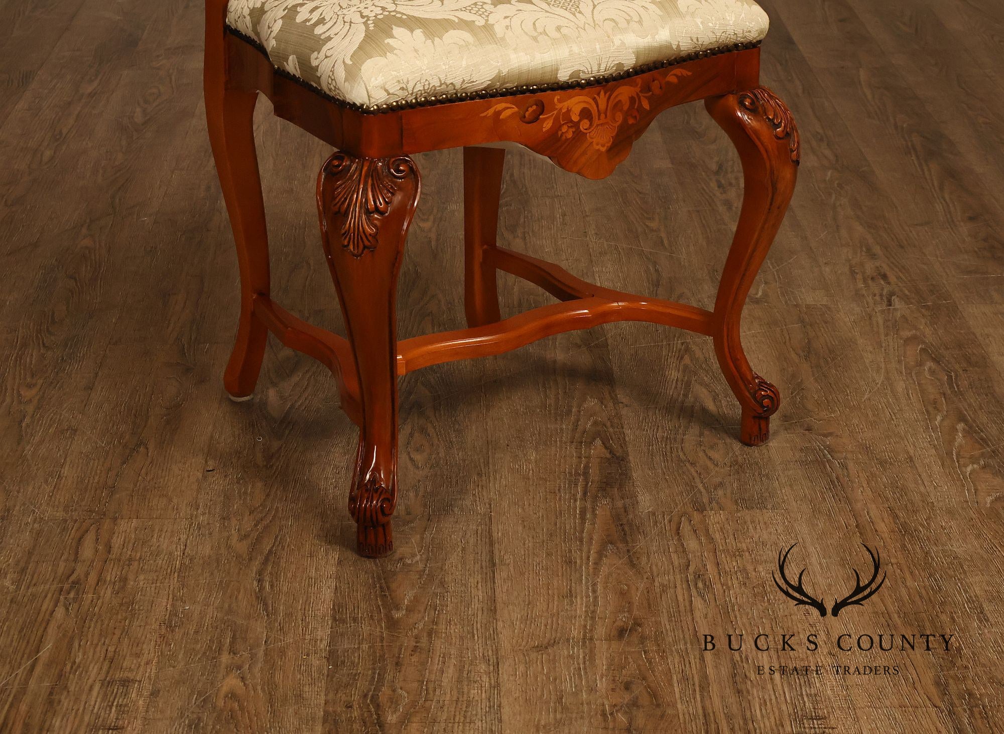 Italian Baroque Style Set of Eight Inlaid Olive Wood Dining Chairs