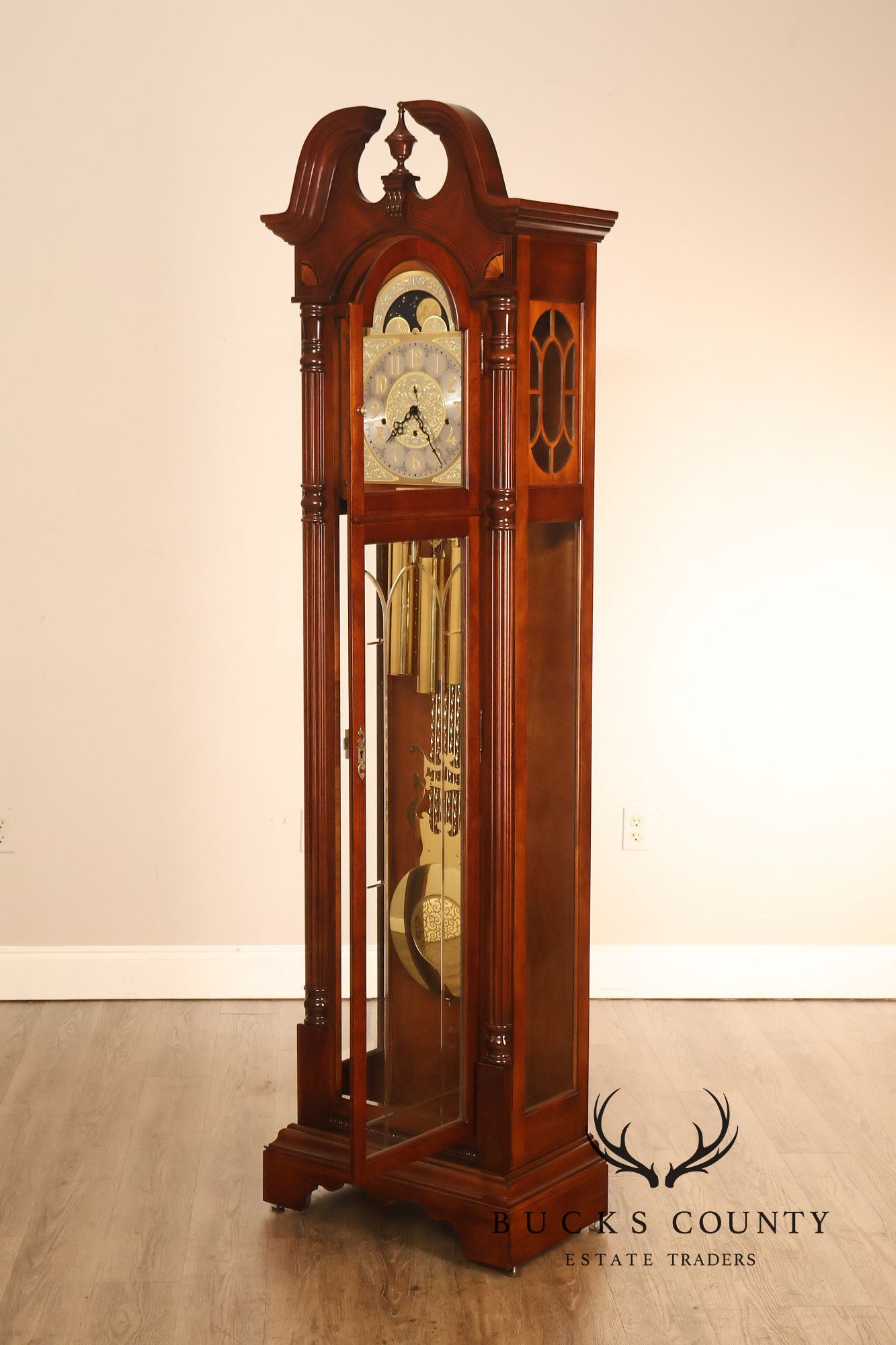 Sligh Mahogany Grandfather Clock With Triple Chime Moon Phase Dial