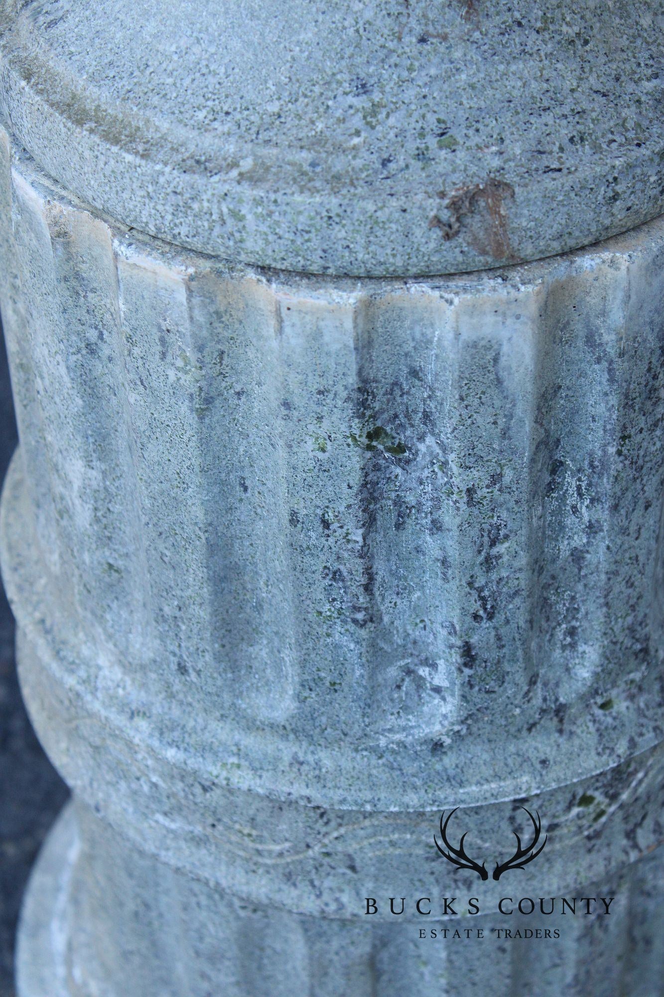 Vintage Pair Of Carved Granite Three Piece Garden Urns On Pedestals
