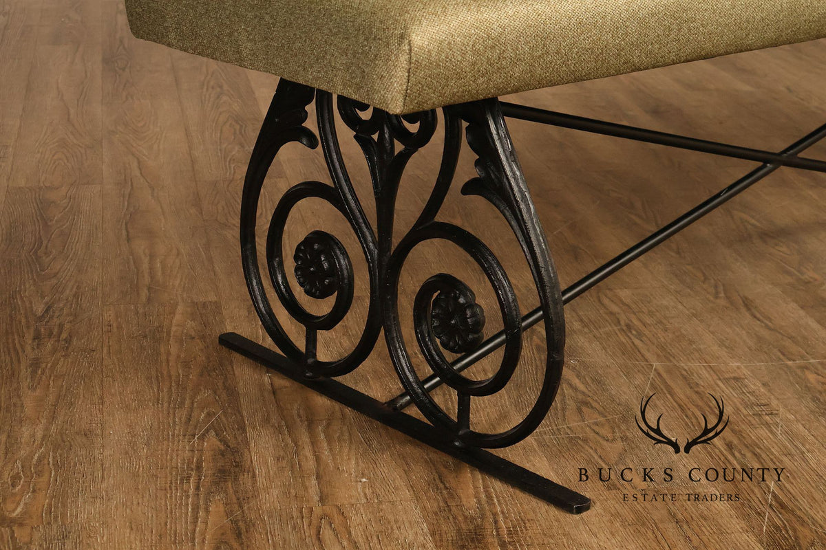 Vintage Wrought Iron Scrollwork Upholstered Bench