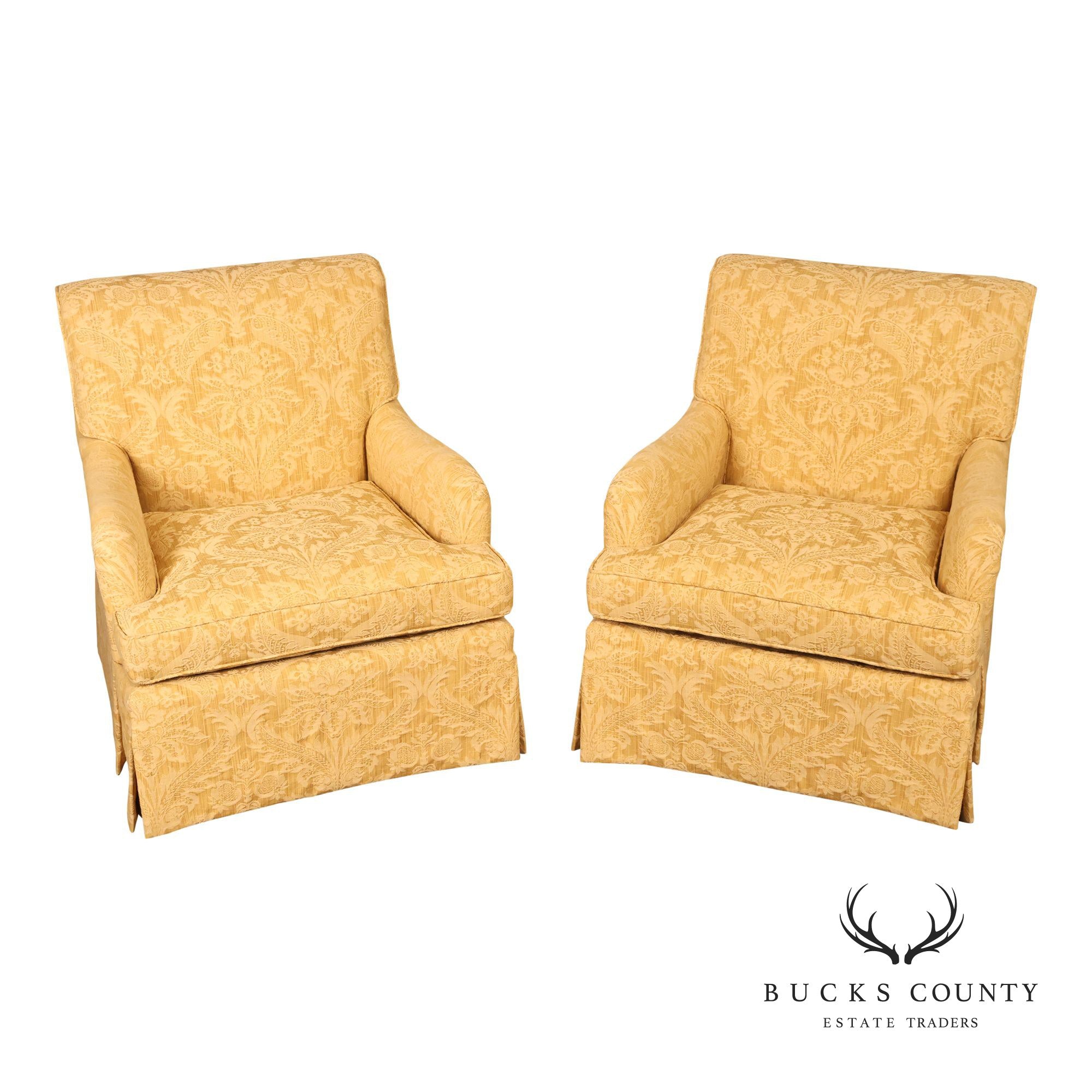 Custom Pair Of Skirted Damask Upholstered Lounge Chairs