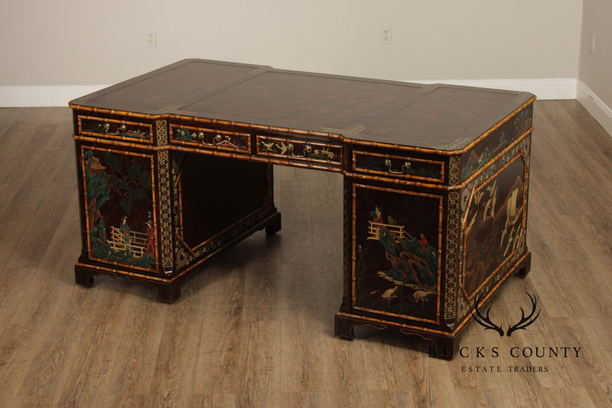 John Widdicomb Chinoiserie Leather Top Executive Partner's Desk