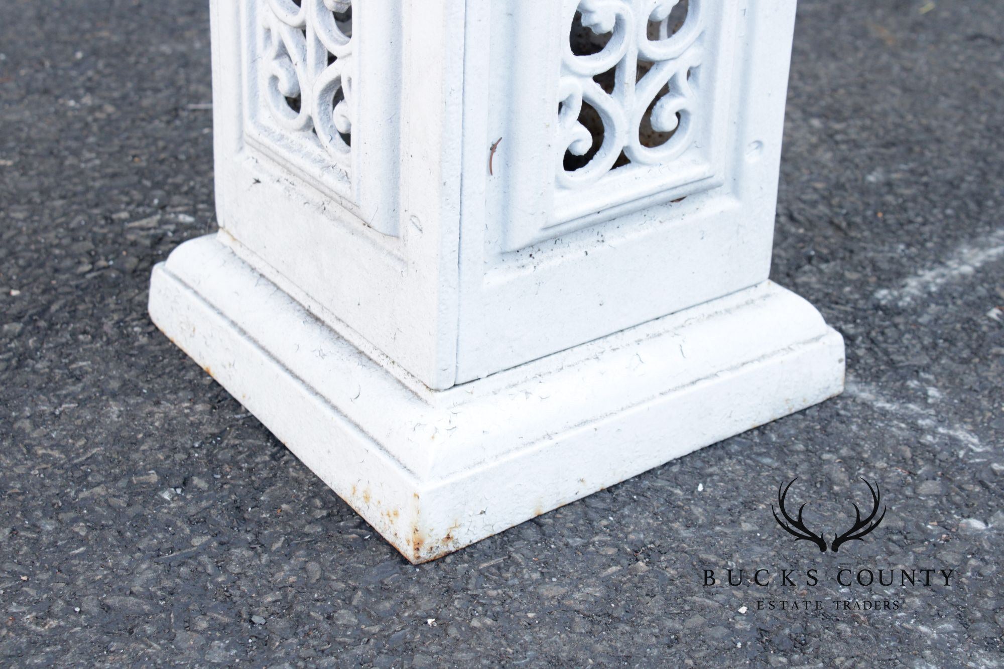 Vintage Pair of Painted Cast Iron Garden Urns on Stands