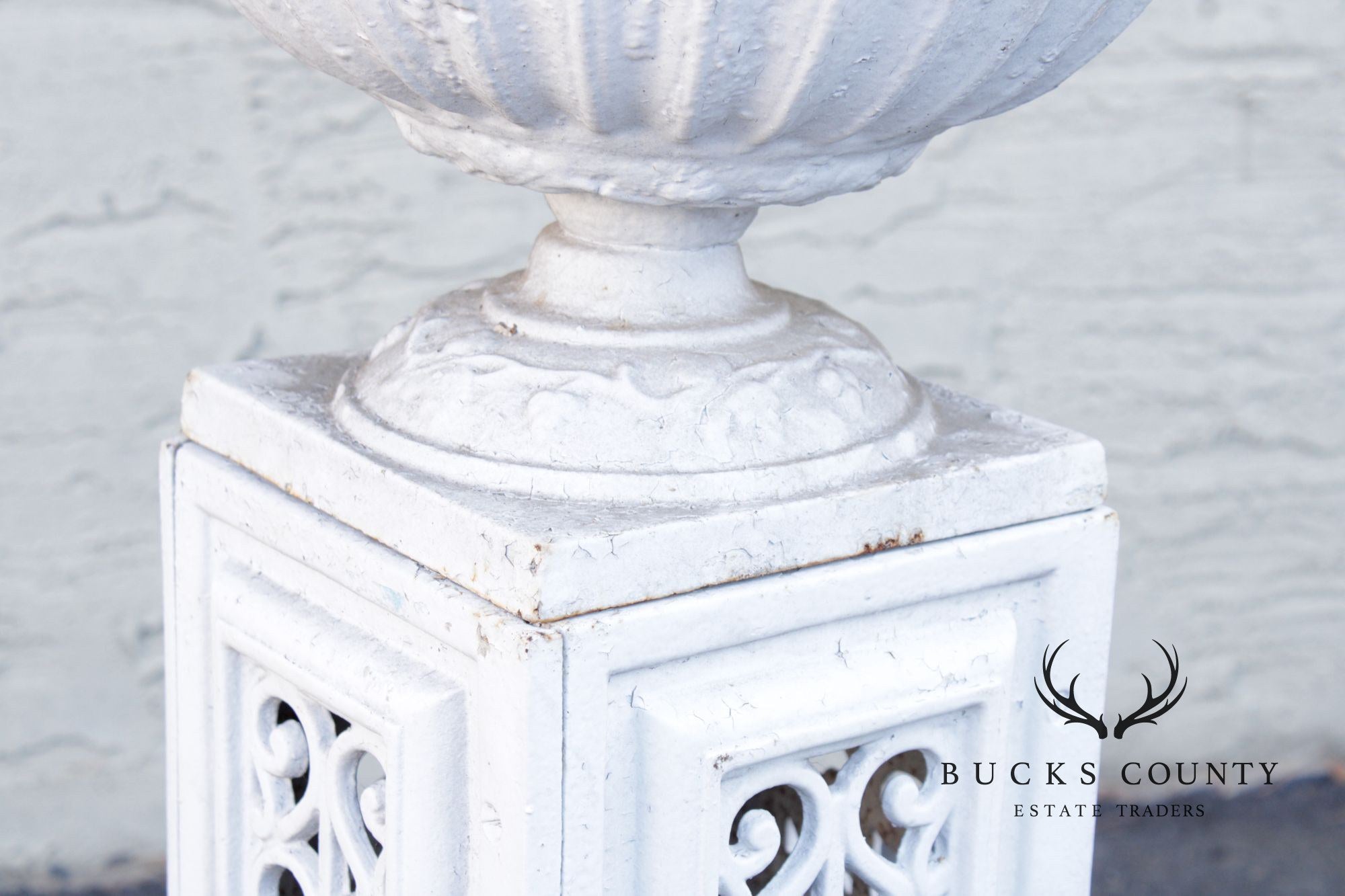 Vintage Pair of Painted Cast Iron Garden Urns on Stands