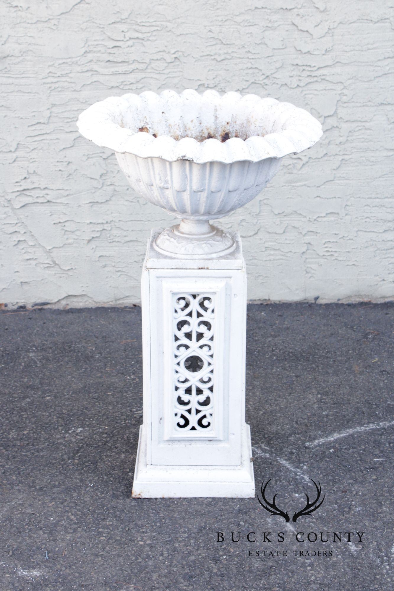 Vintage Pair of Painted Cast Iron Garden Urns on Stands