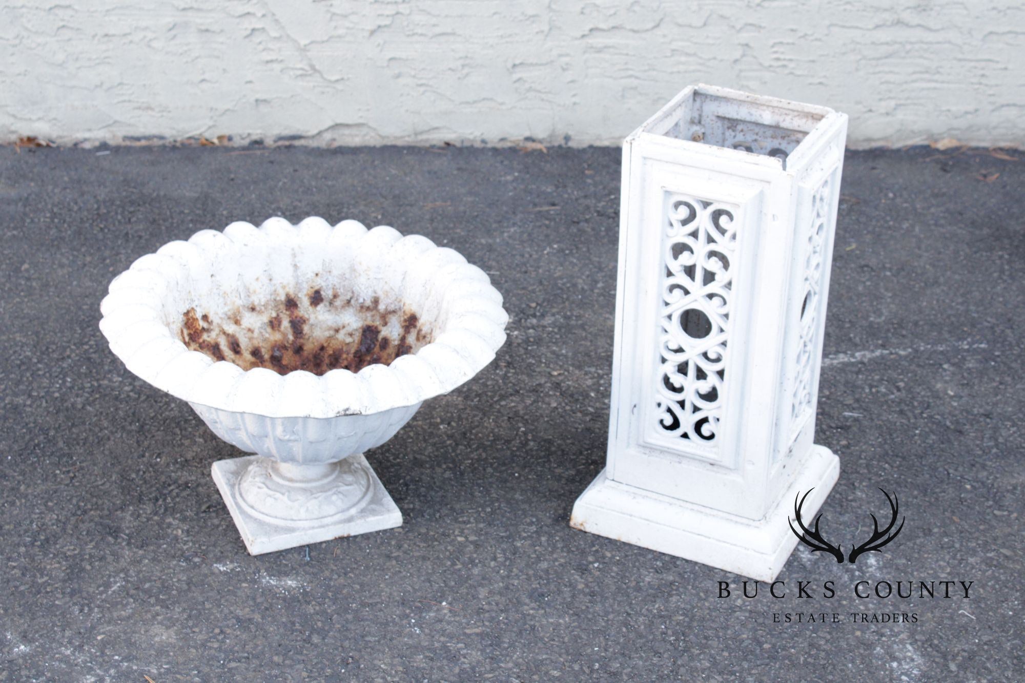 Vintage Pair of Painted Cast Iron Garden Urns on Stands