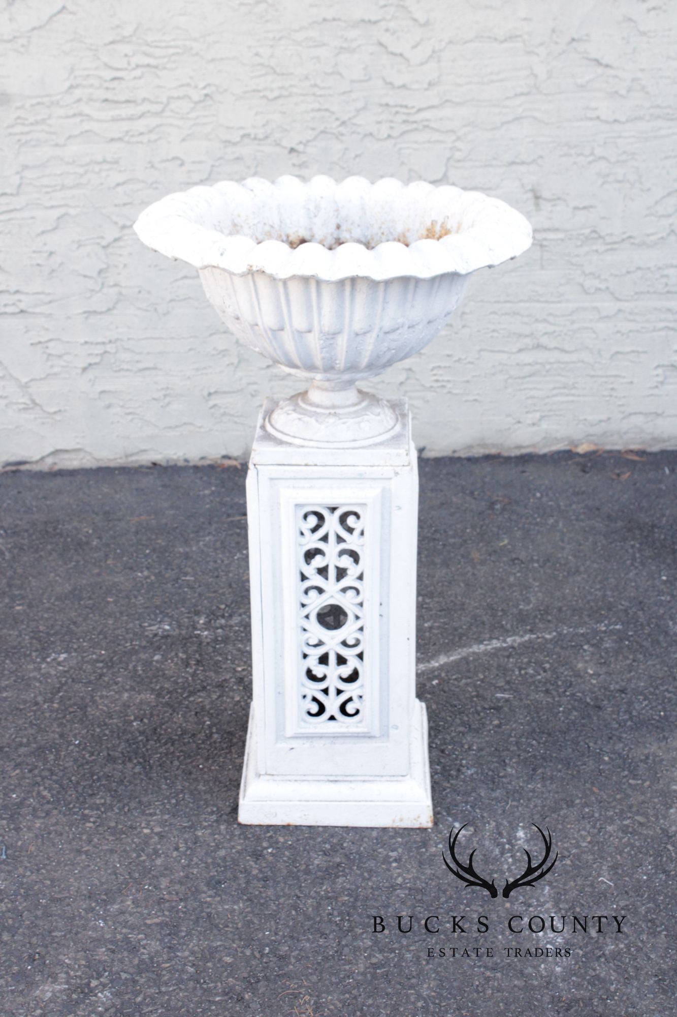 Vintage Pair of Painted Cast Iron Garden Urns on Stands