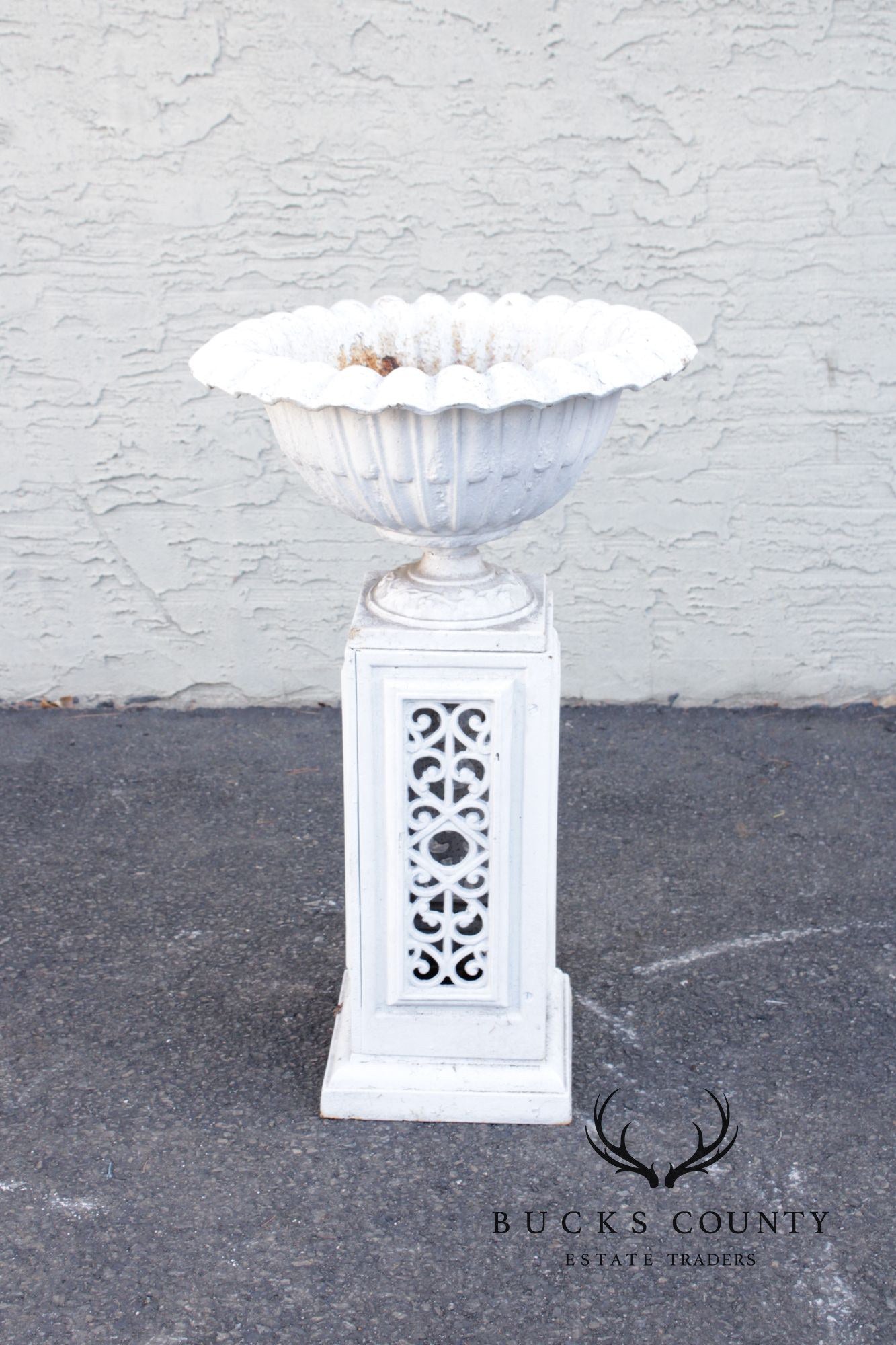 Vintage Pair of Painted Cast Iron Garden Urns on Stands