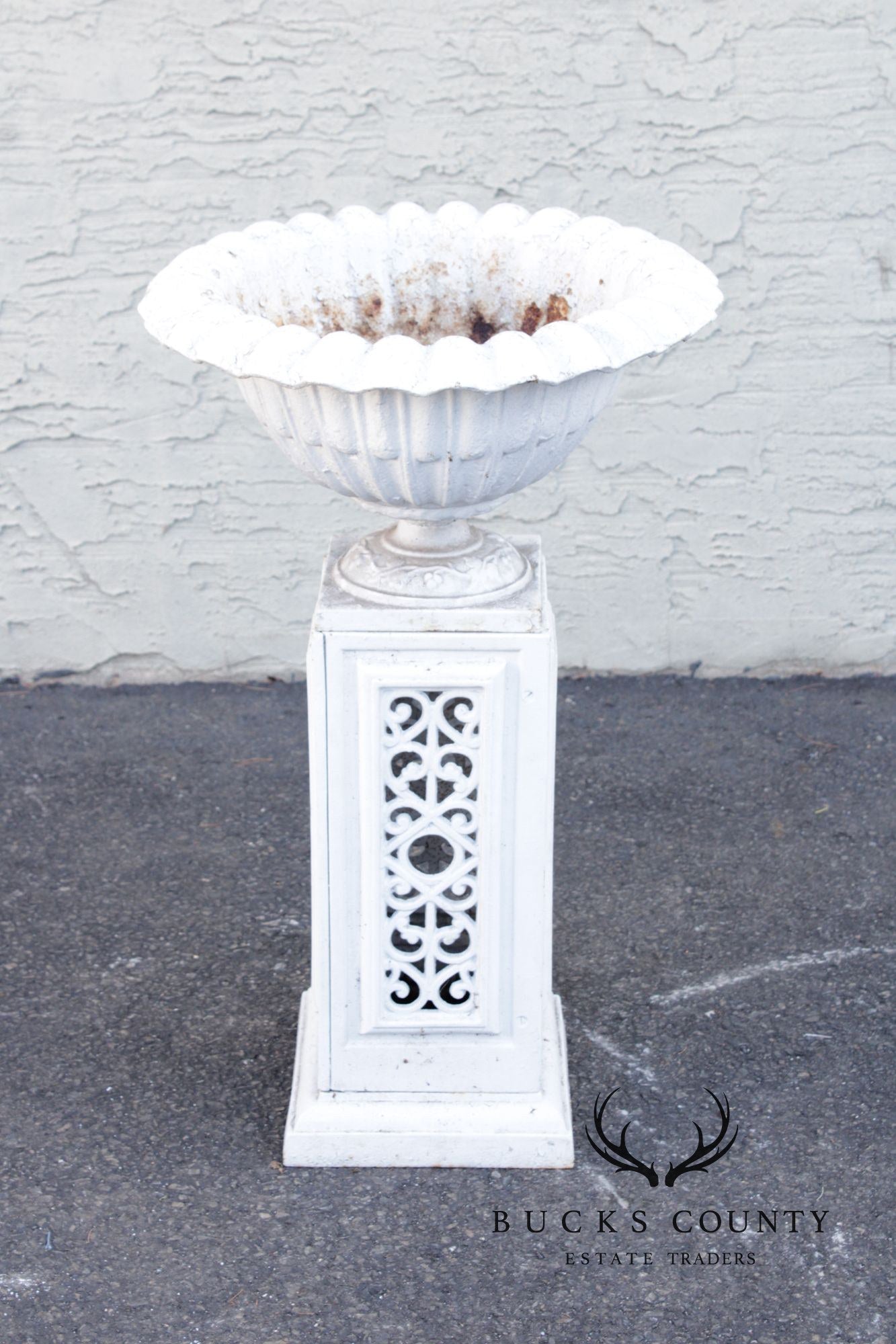 Vintage Pair of Painted Cast Iron Garden Urns on Stands