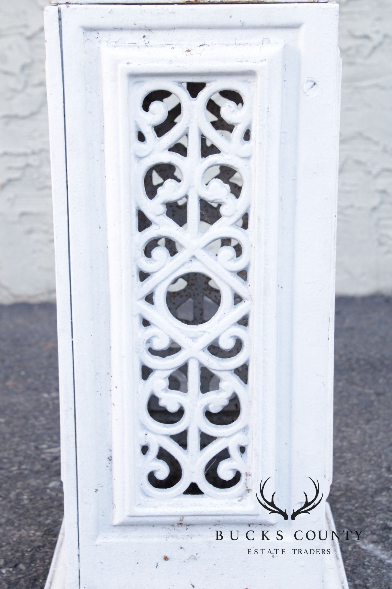 Vintage Pair of Painted Cast Iron Garden Urns on Stands