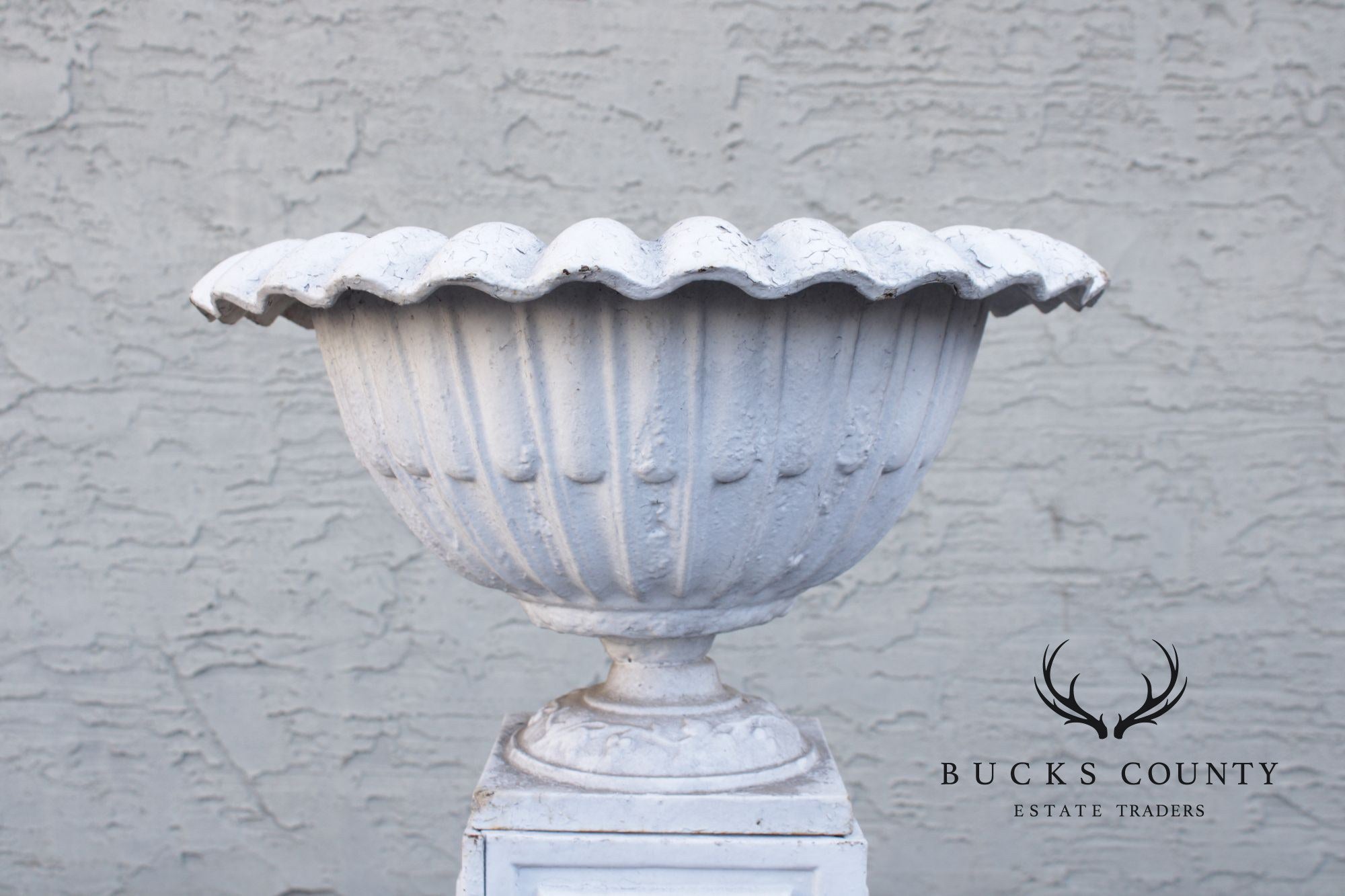 Vintage Pair of Painted Cast Iron Garden Urns on Stands