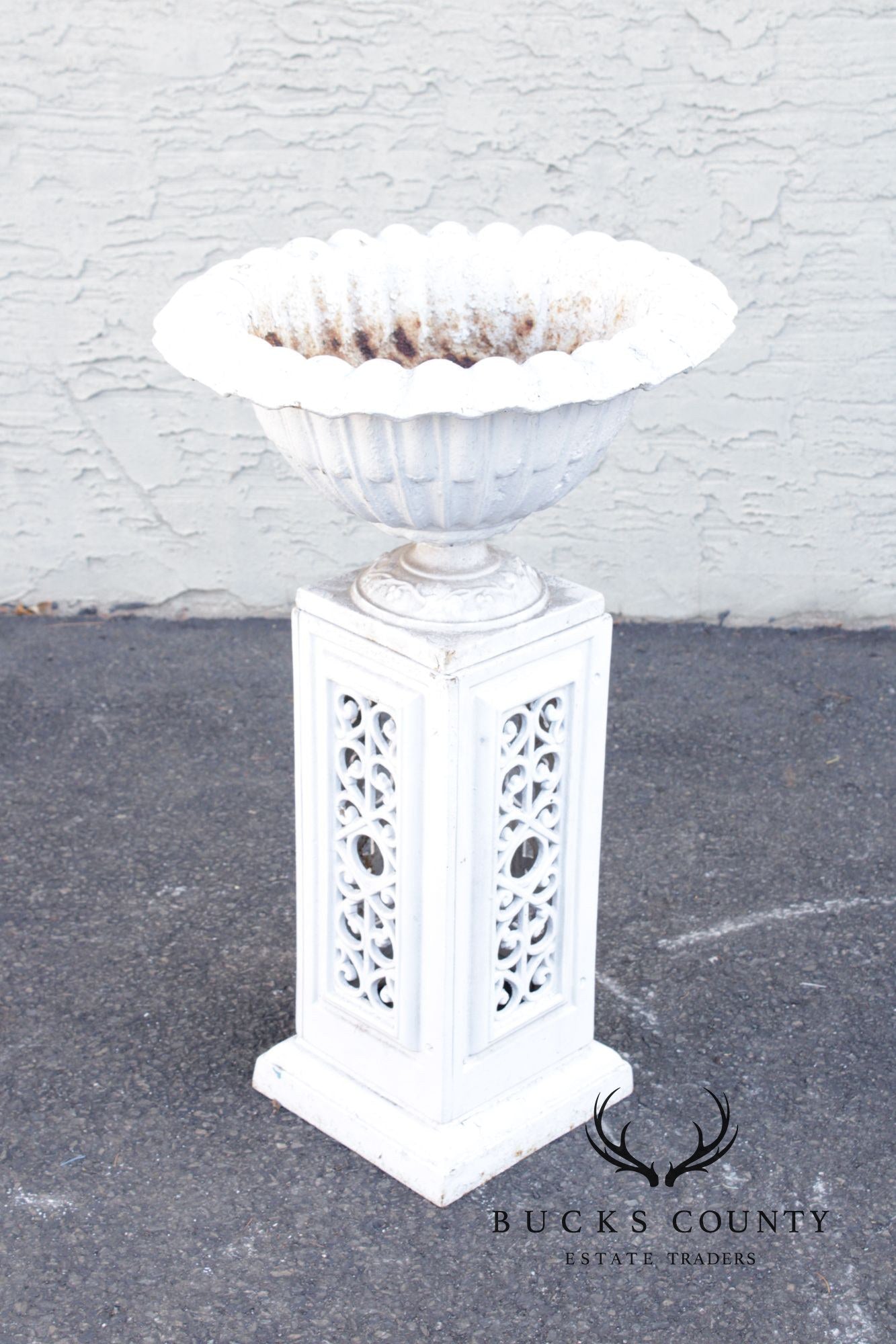 Vintage Pair of Painted Cast Iron Garden Urns on Stands