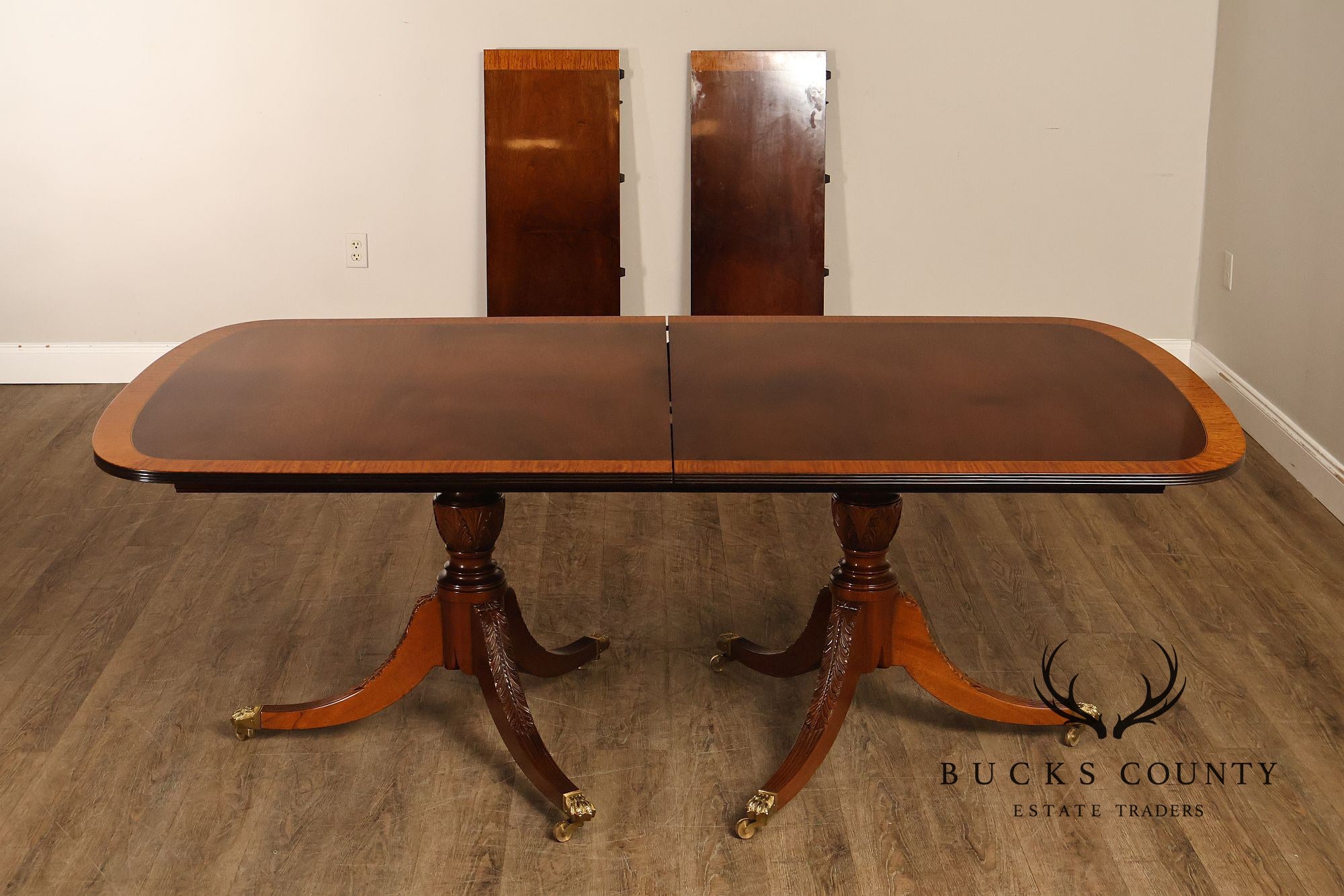 Federal Style Vintage Banded Mahogany Double Pedestal Dining Table