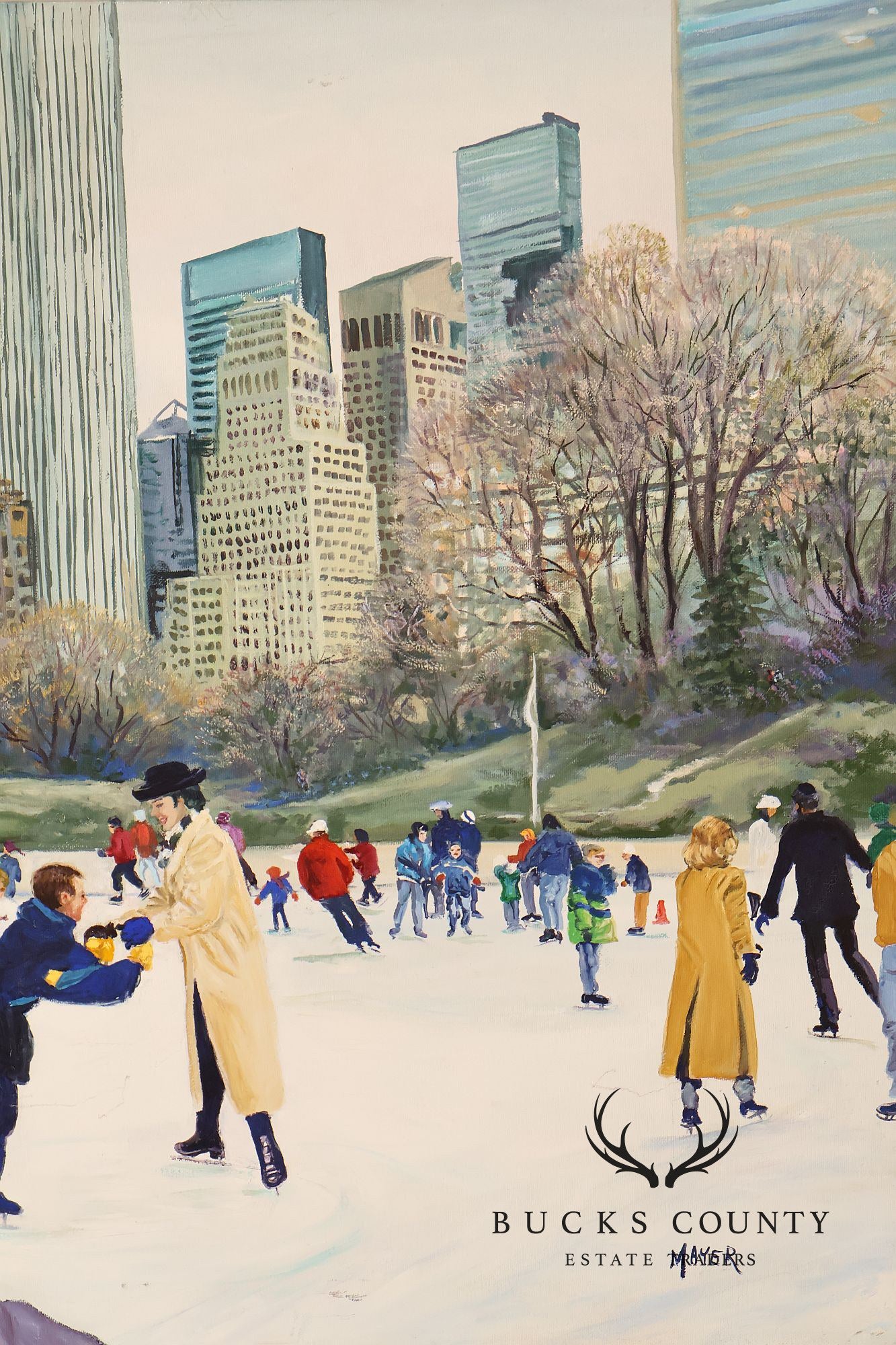 Ruth Mayer Central Park Ice Skating Landscape Original Oil Painting On Canvas