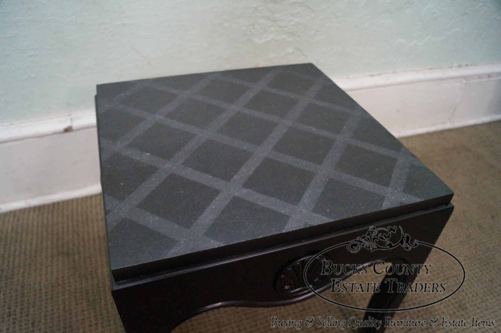 Mid Century Pair of Ebonized Black Low Slate Top Side Tables