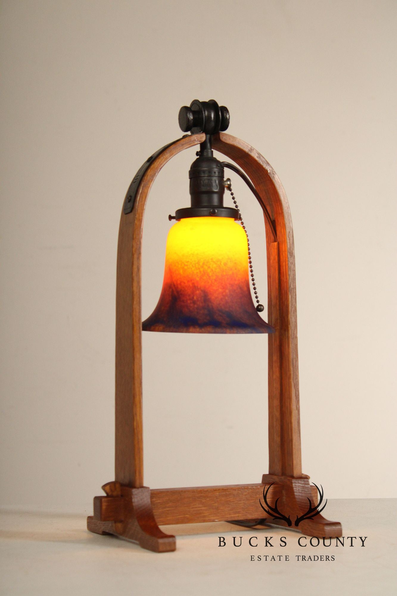 Stickley Mission Collection Oak Table Lamp With Art Glass Shade
