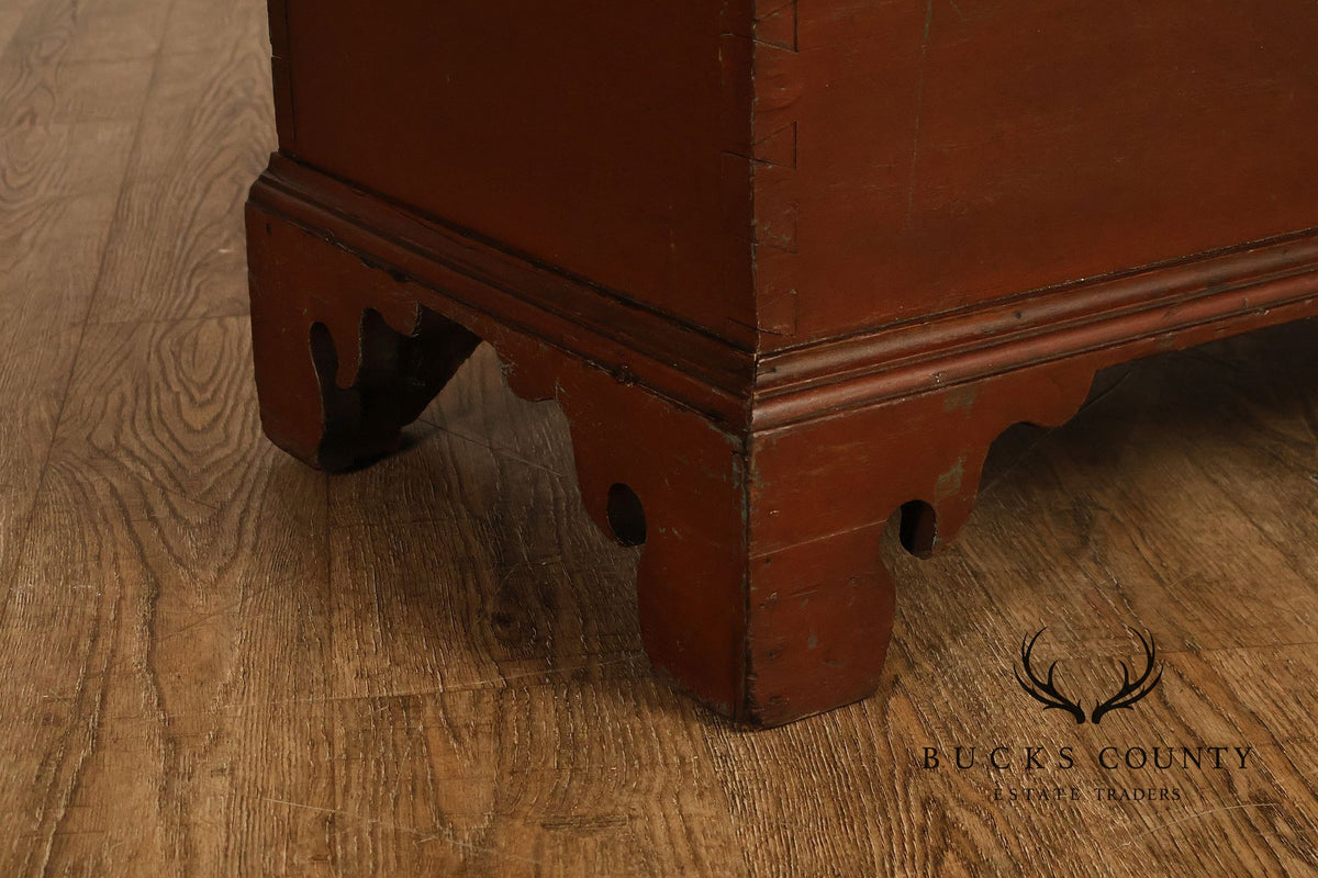 Antique Red Painted Cedar Blanket Chest With Cast Iron Strapping