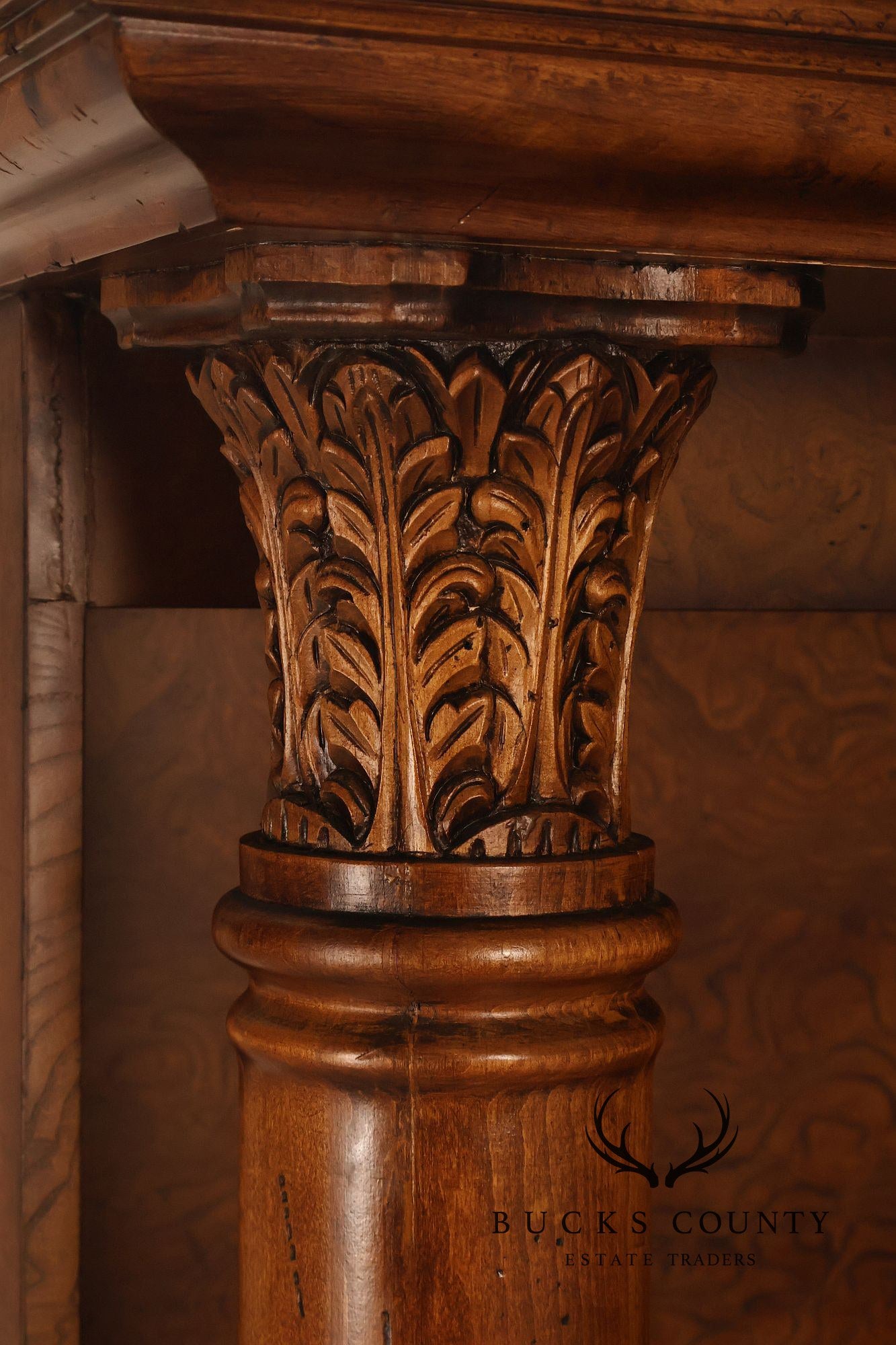 Large Classical Style Burl Wood Open Bookcase With Corinthian Columns