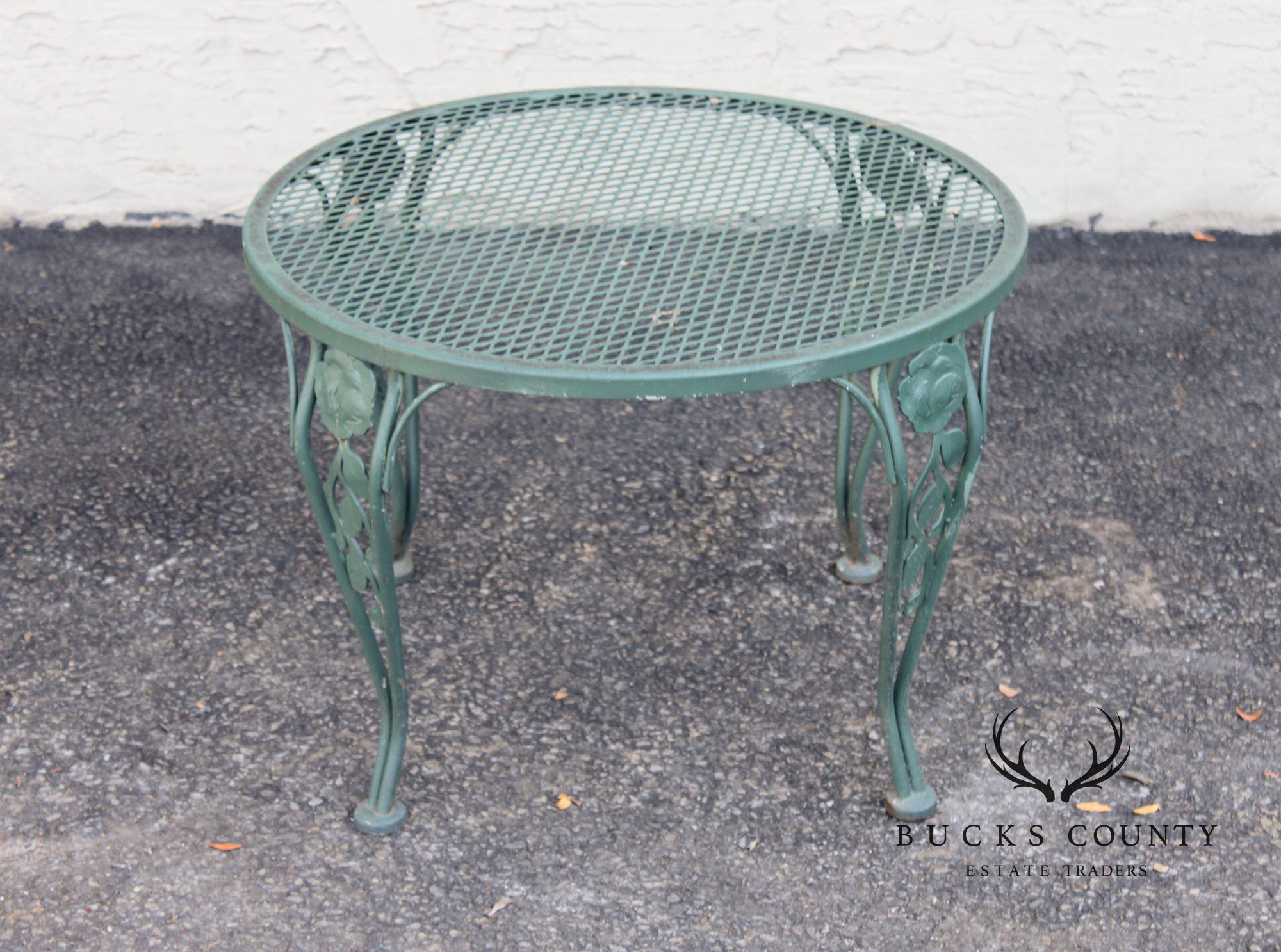 Wrought Iron Outdoor Round Mesh Top Patio Table With Floral Motif