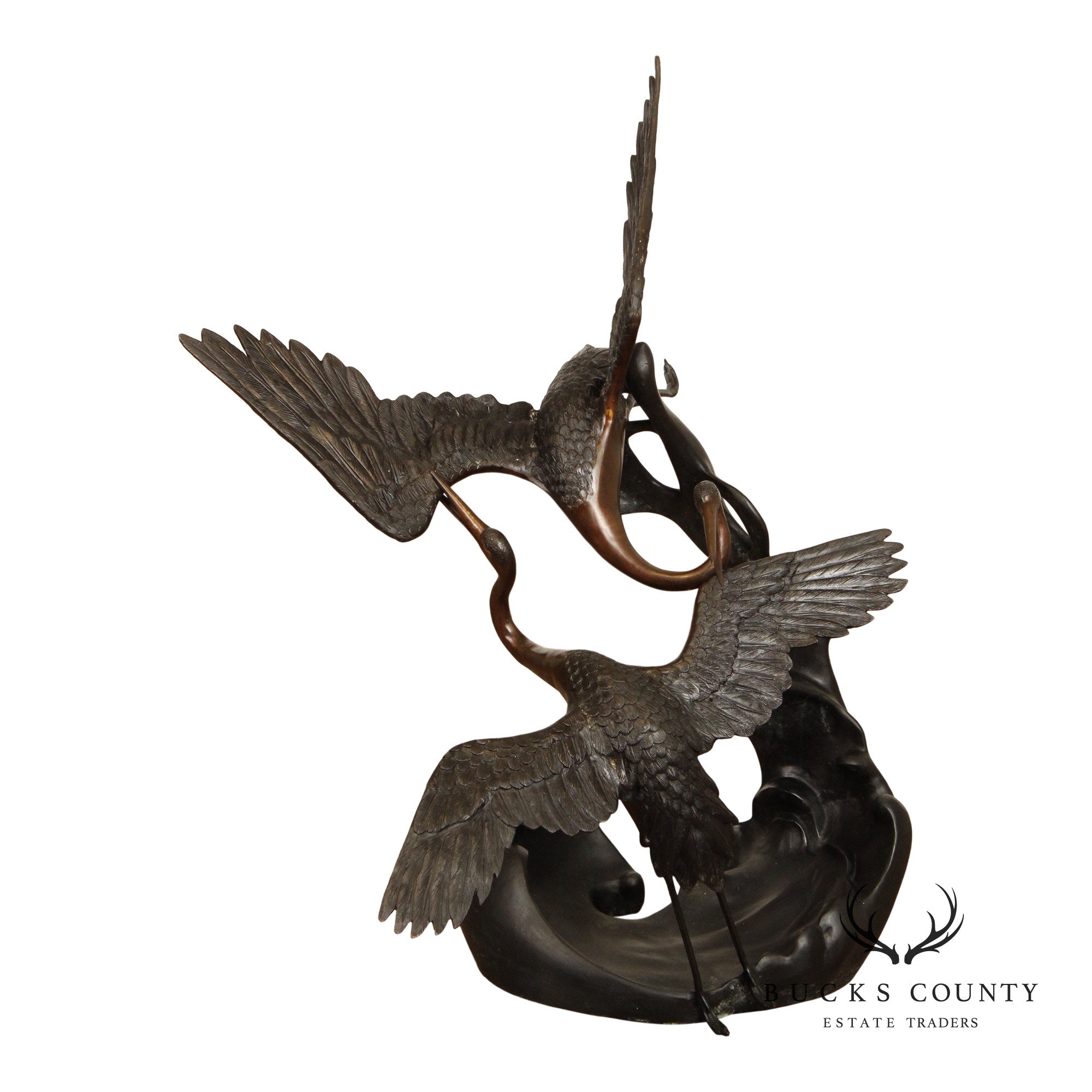 Large Bronze Modern Sculpture Of Two Cranes In Flight