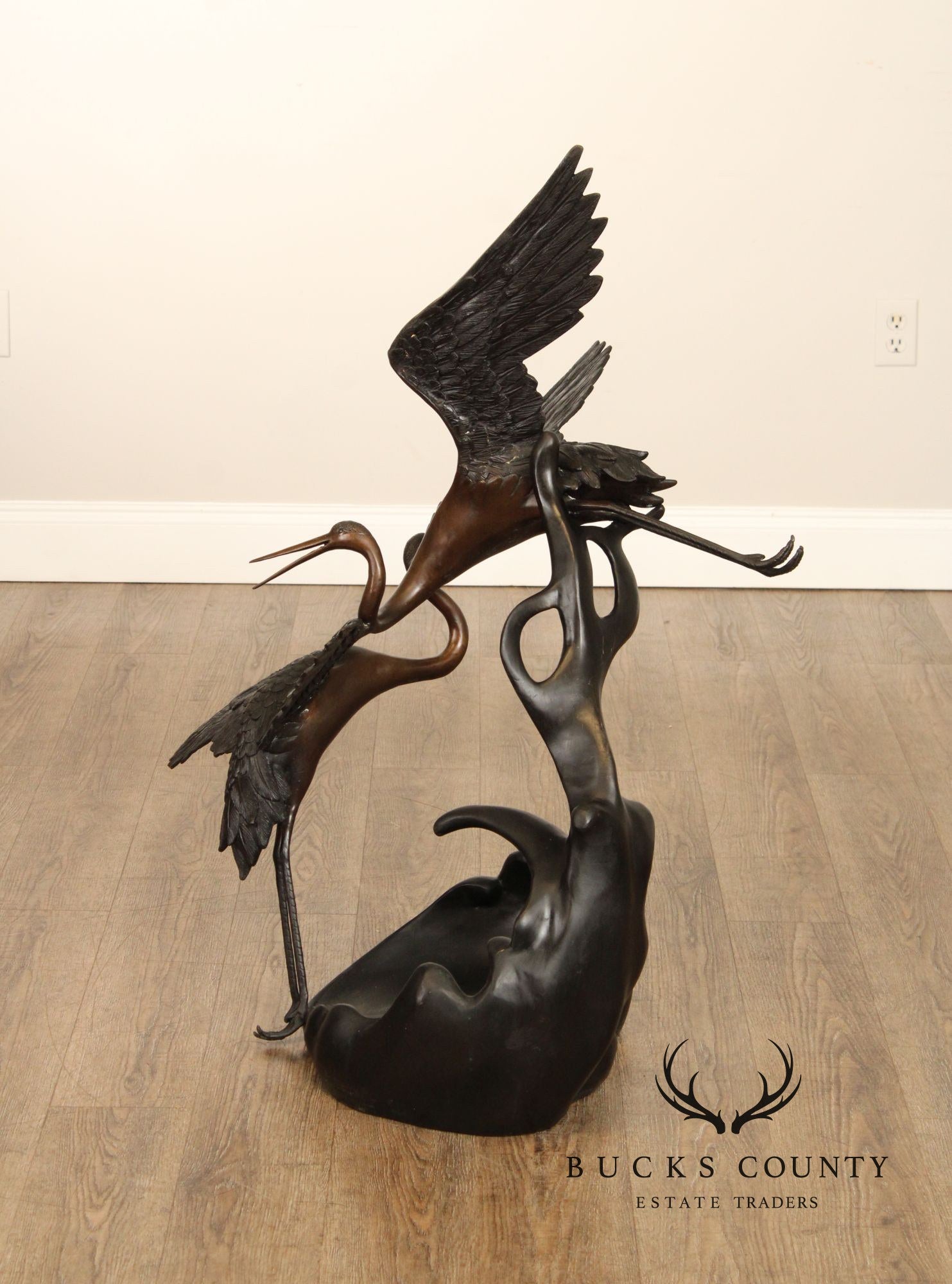 Large Bronze Modern Sculpture Of Two Cranes In Flight