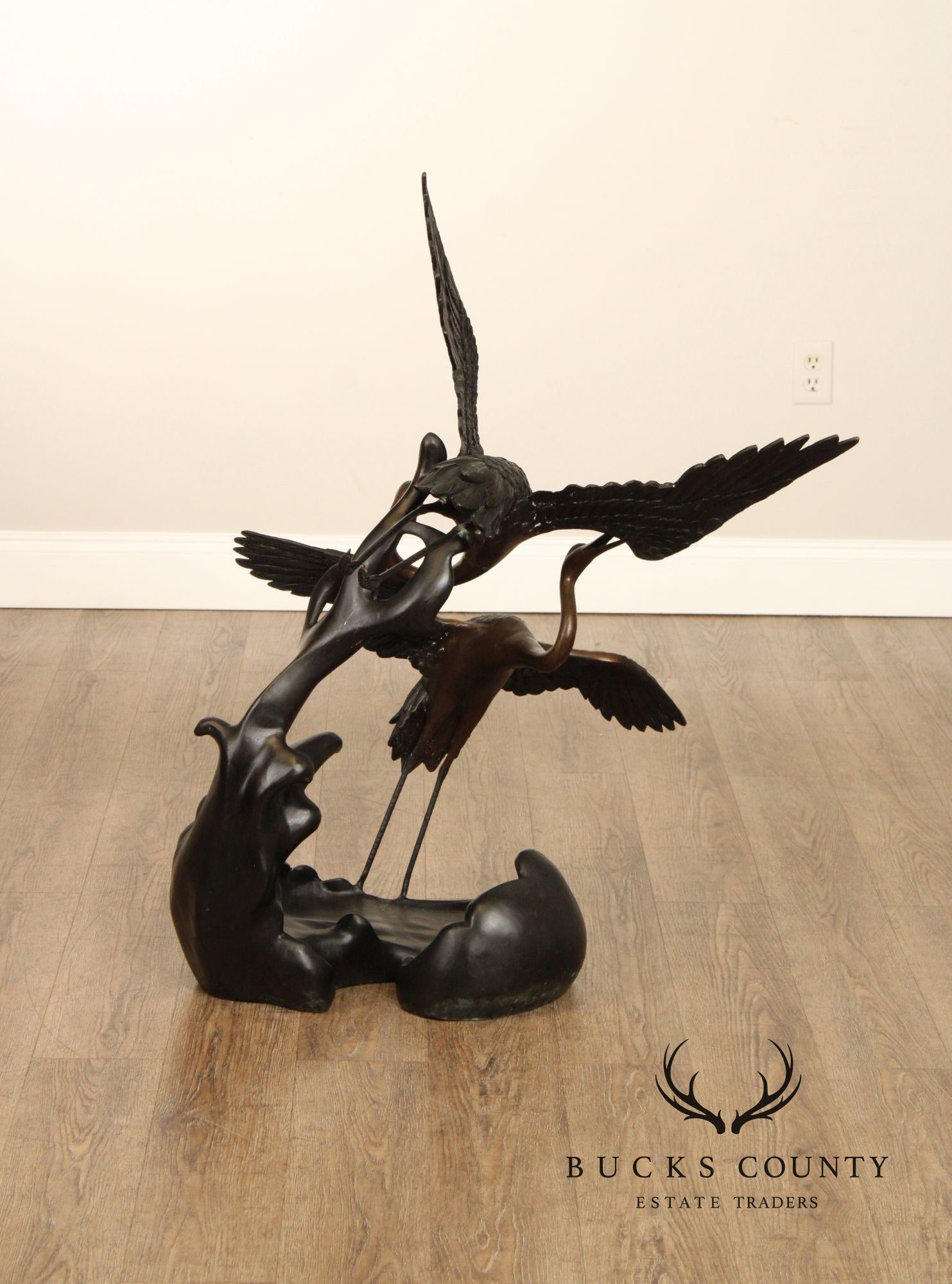 Large Bronze Modern Sculpture Of Two Cranes In Flight