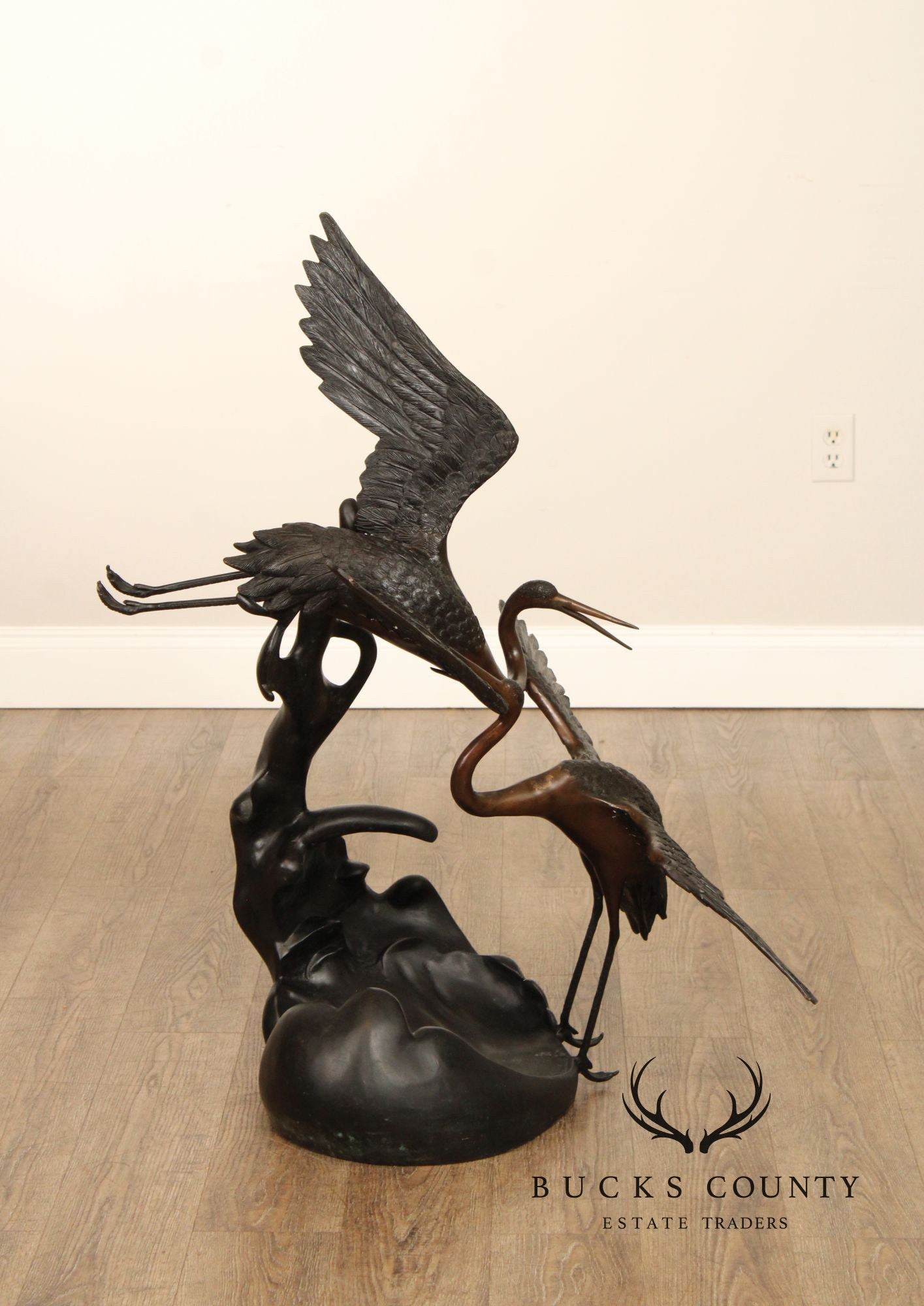 Large Bronze Modern Sculpture Of Two Cranes In Flight