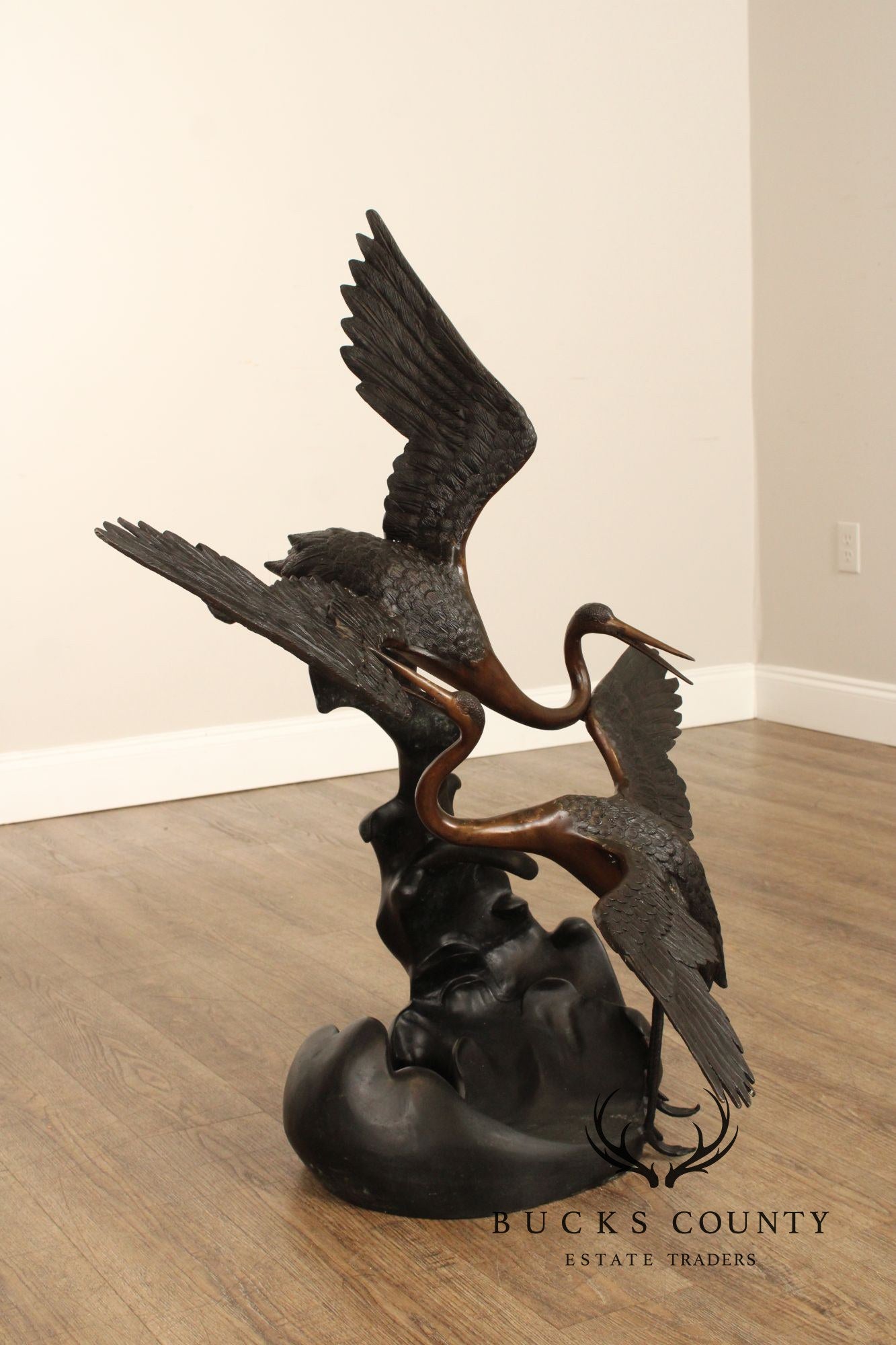 Large Bronze Modern Sculpture Of Two Cranes In Flight