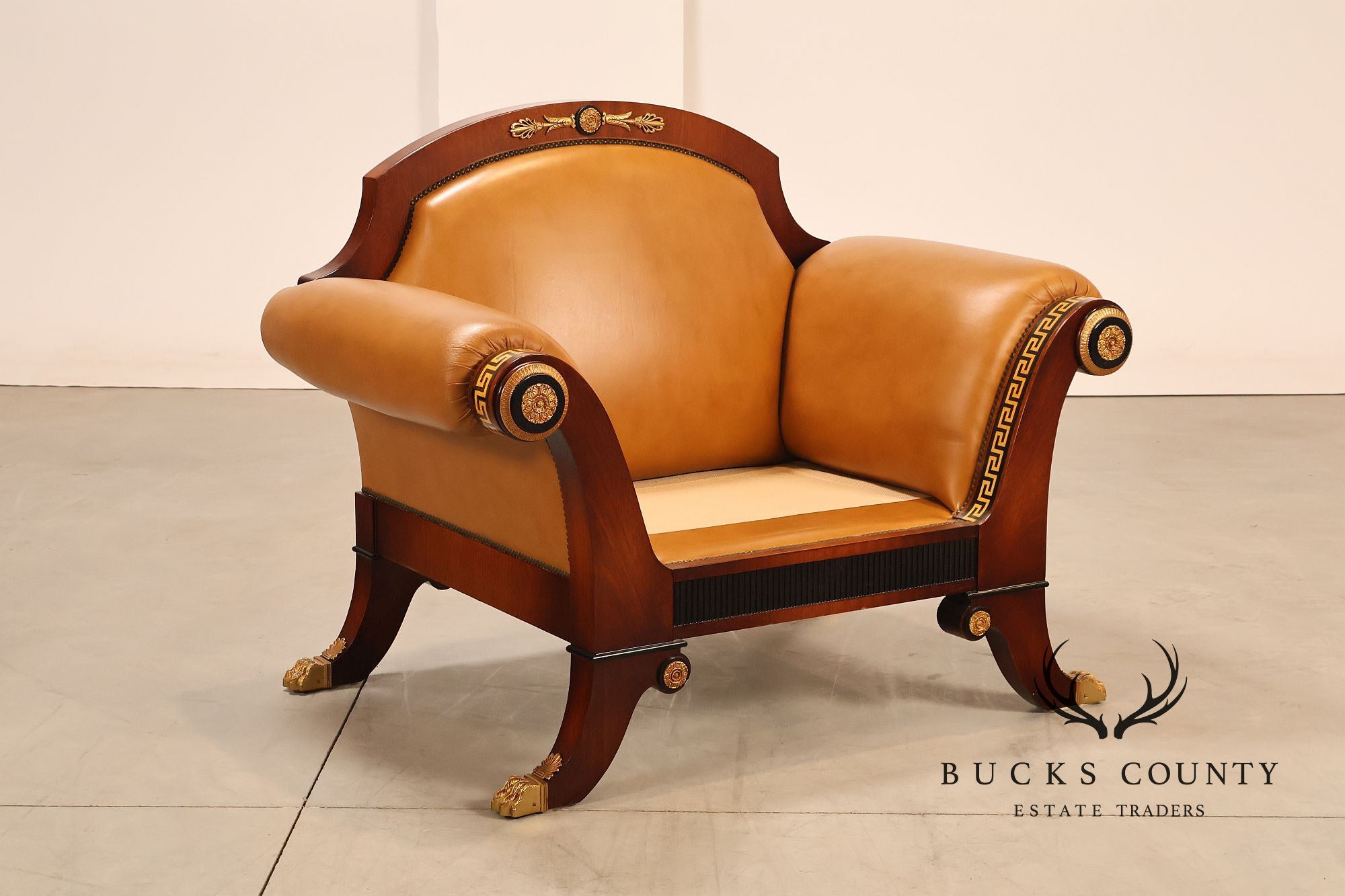 Empire Style Mahogany And Leather Armchair With Gilt Bronze Mounts