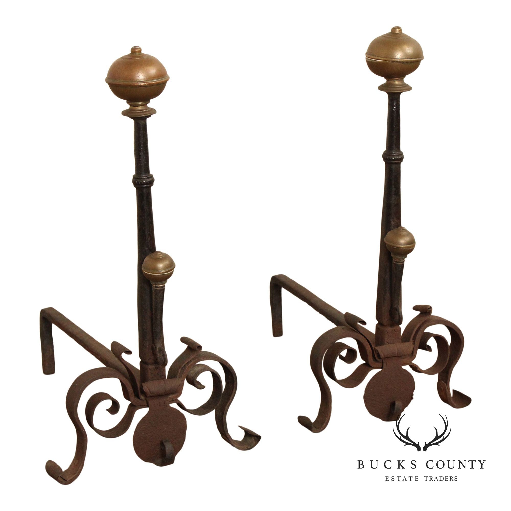 Antique Pair of Forged Iron and Brass Fireplace Andirons