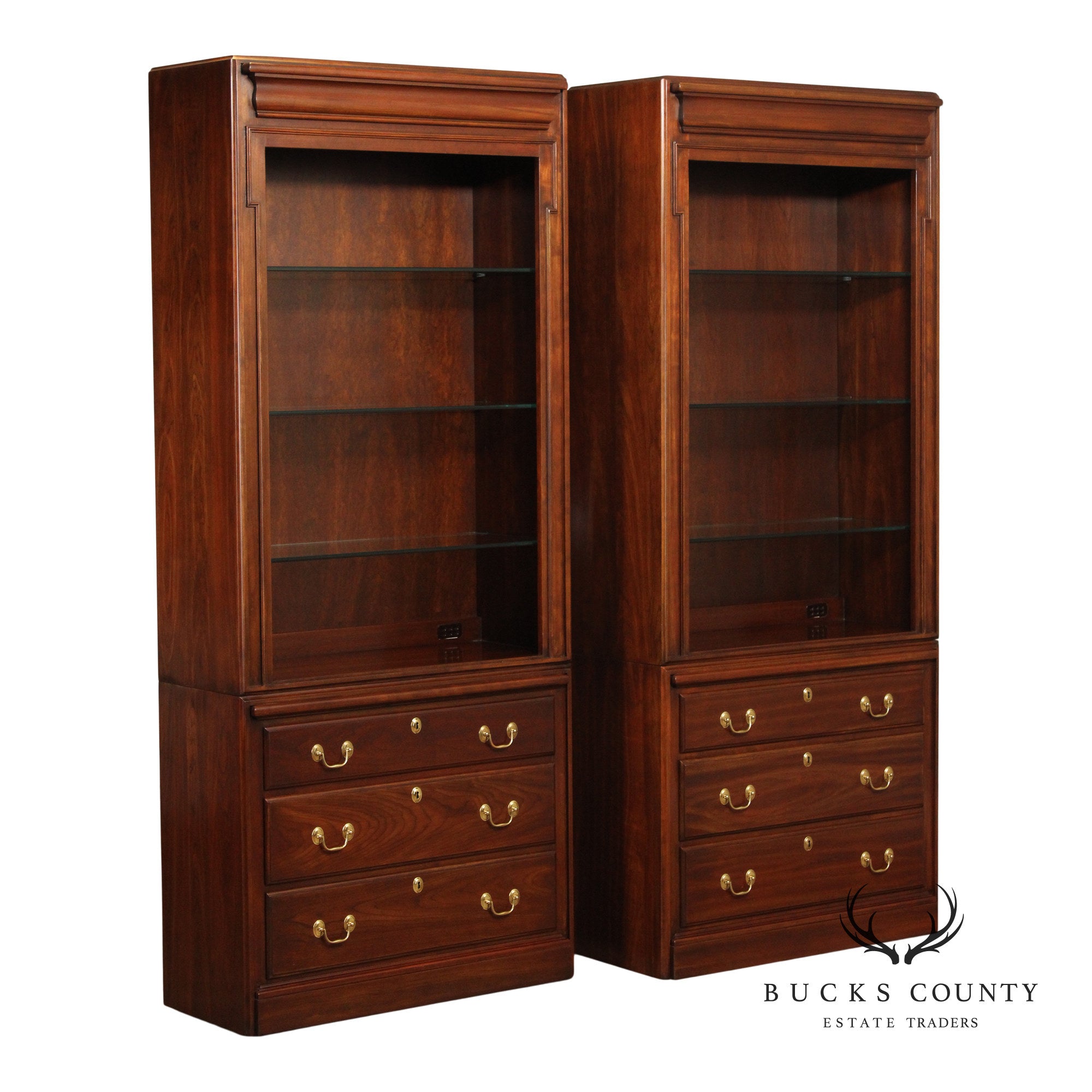 Harden Traditional Style Pair Of Cherry Lighted Display Bookcases