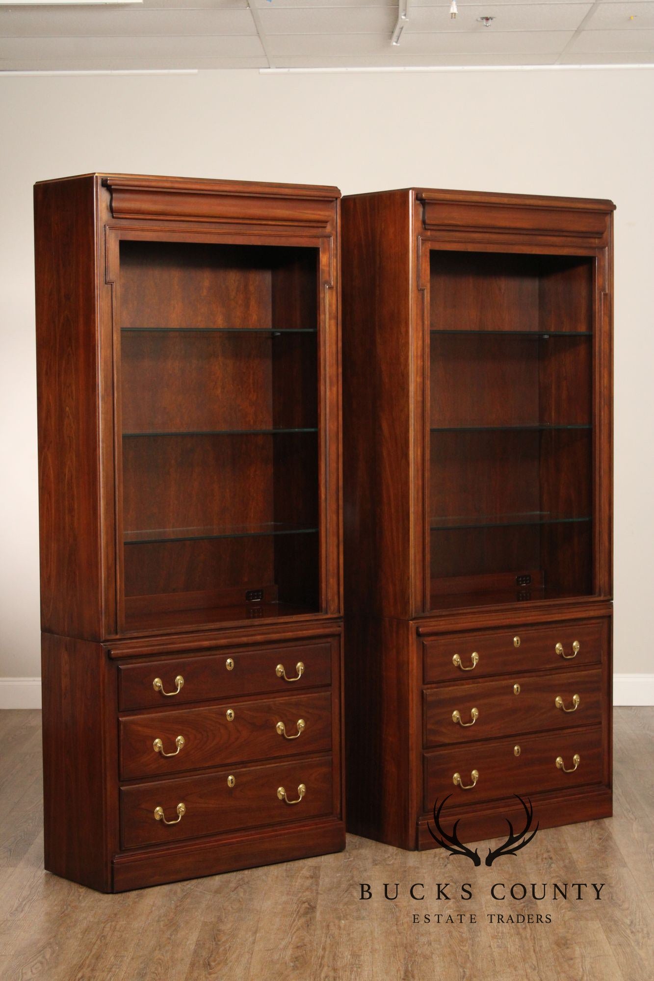 Harden Traditional Style Pair Of Cherry Lighted Display Bookcases